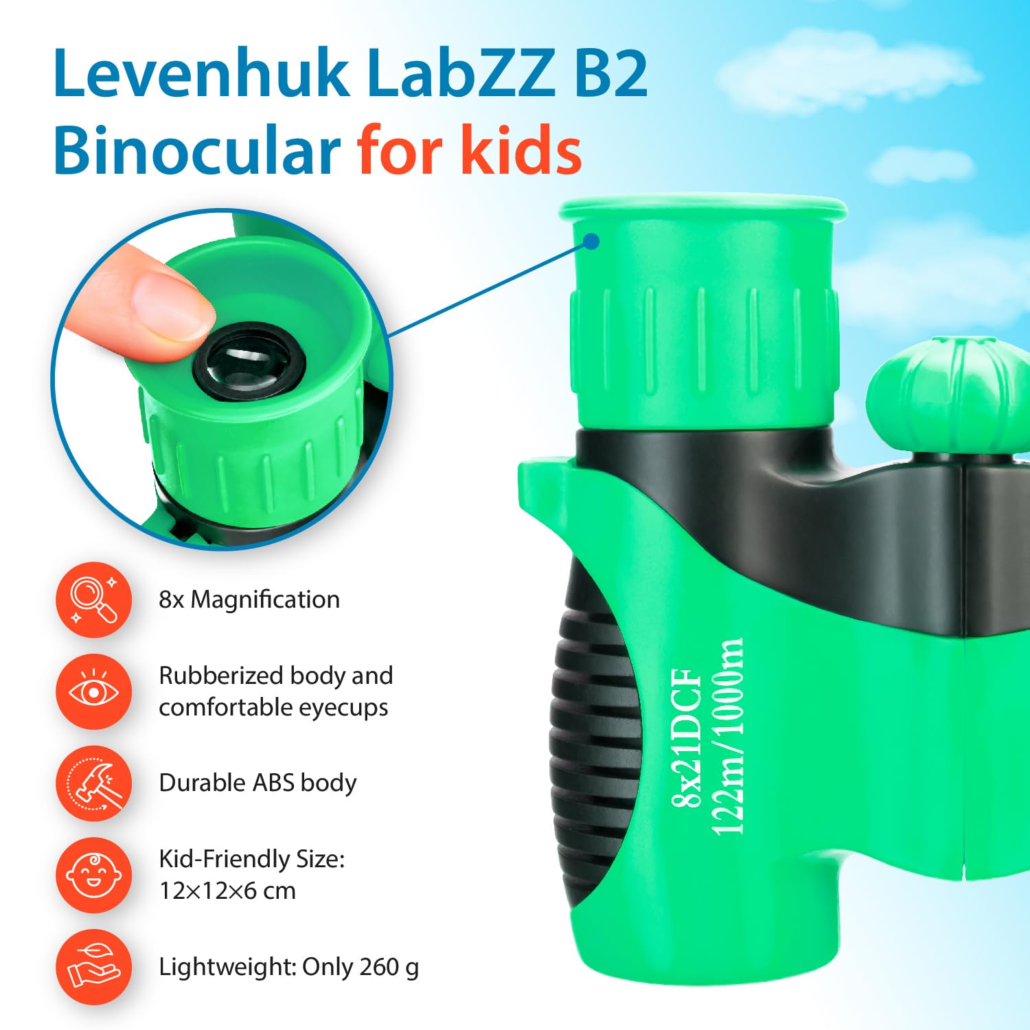 Levenhuk LabZZ B2 8x21 – Binocolo Compatto per Bambini dai 3 ai 7 Anni – Regalo Giocattolo Perfetto – Leggero e Ideale per Birdwatching Campeggio Escursioni Safari e Giochi all’Aperto, Verde