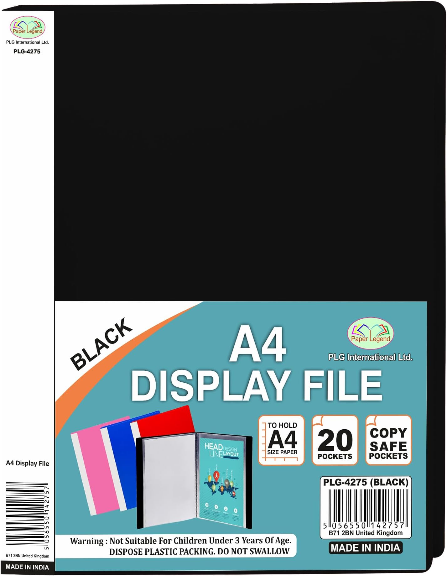 A4 Black Presentation Display Book File - 20 Clear Pockets per Folder | Durable Plastic Document Organizer & Portfolio Binder for Certificates, Music Sheets, Artwork & School Projects