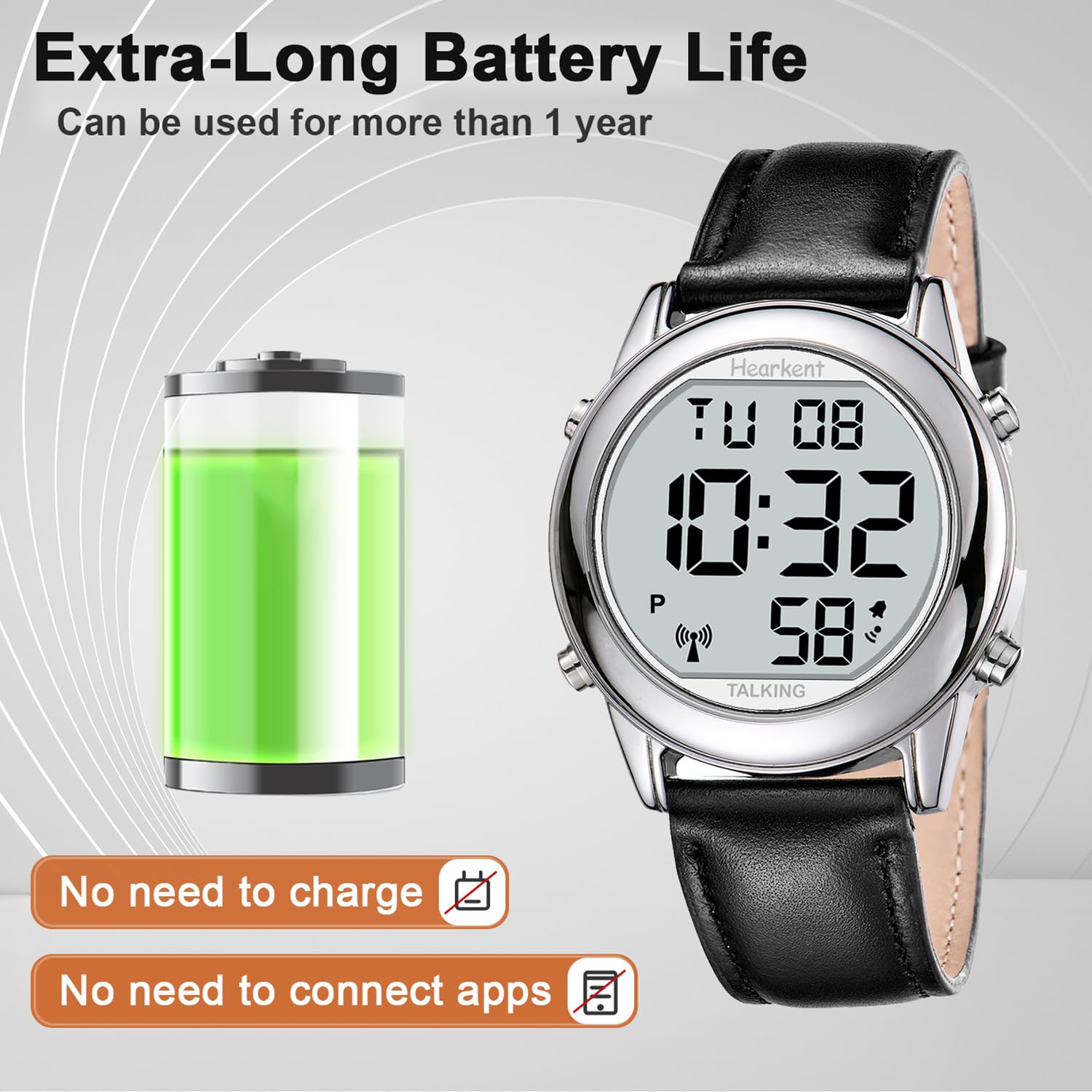 Hearkent Atomic Digital Talking Watch for Anziani Riceve segnali statunitensi Correzione automatica di ora e data Grandi numeri Facile da vedere Forte e chiaro Maschio Inglese Parlare, nero