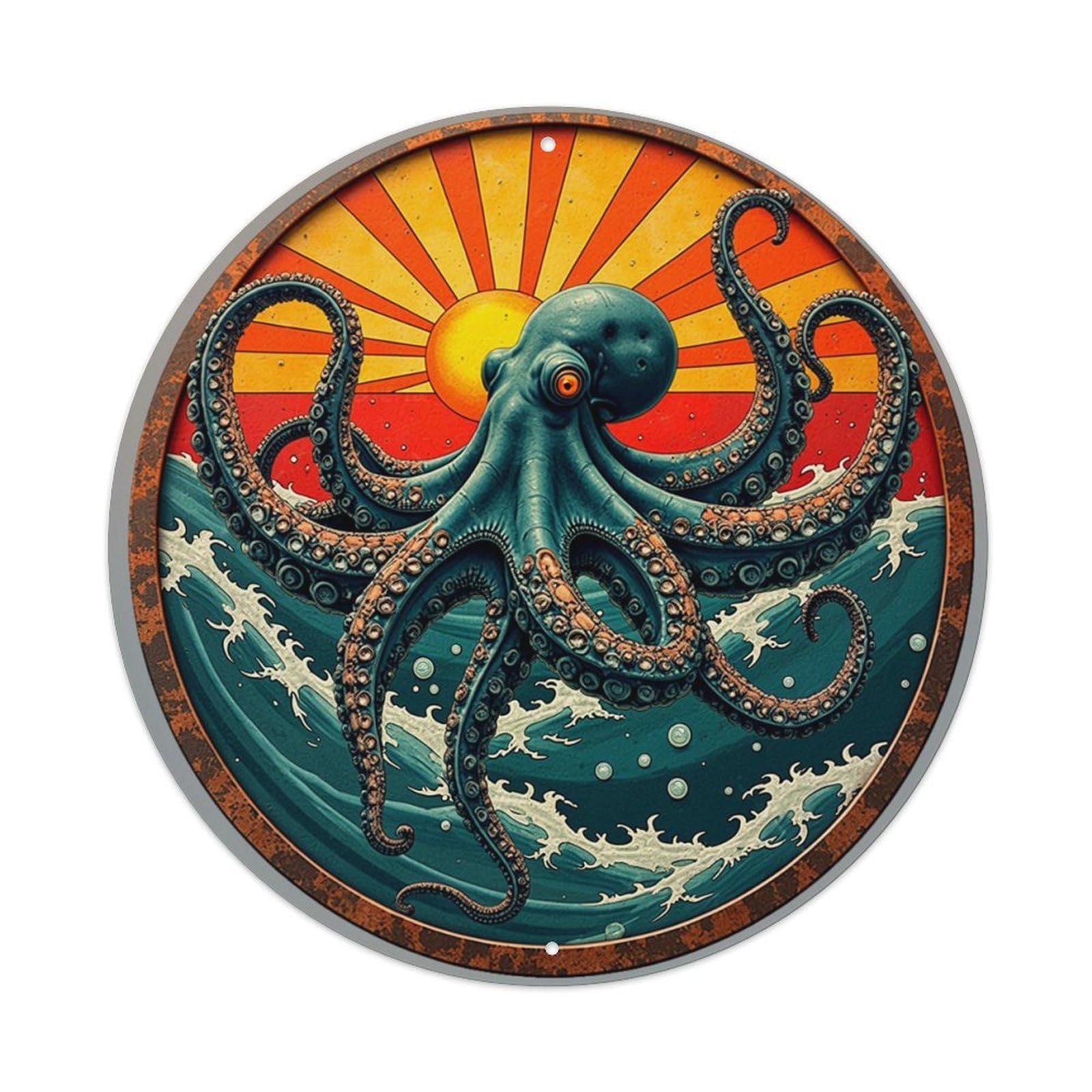 Octopus Sun Waves Ocean Art Vintage Round Tin Sign Retro Metal Wall Decor Metal Poster, Home Bar Garage Cafe Wall Art Decoration 8x8Inches