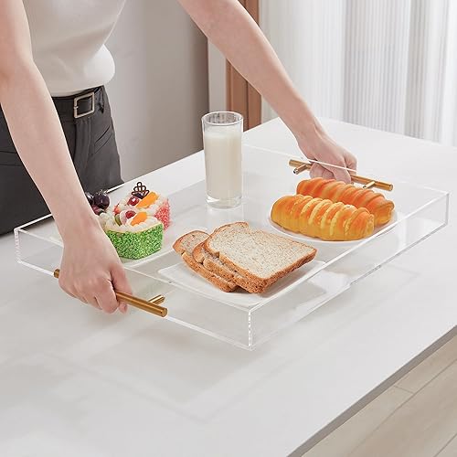 Miniatura 7 de Bandeja grande de acrílico transparente para servir (16 x 18 pulgadas) con asas doradas, bandeja decorativa acrílica a prueba de derrames,