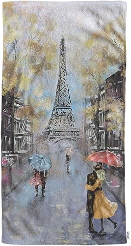 Miniatura 1 de oFloral Toallas de mano de algodón, pintura al óleo, Torre Eiffel, amantes del otoño, beso en calle lluviosa de Francia, toallas suaves súper