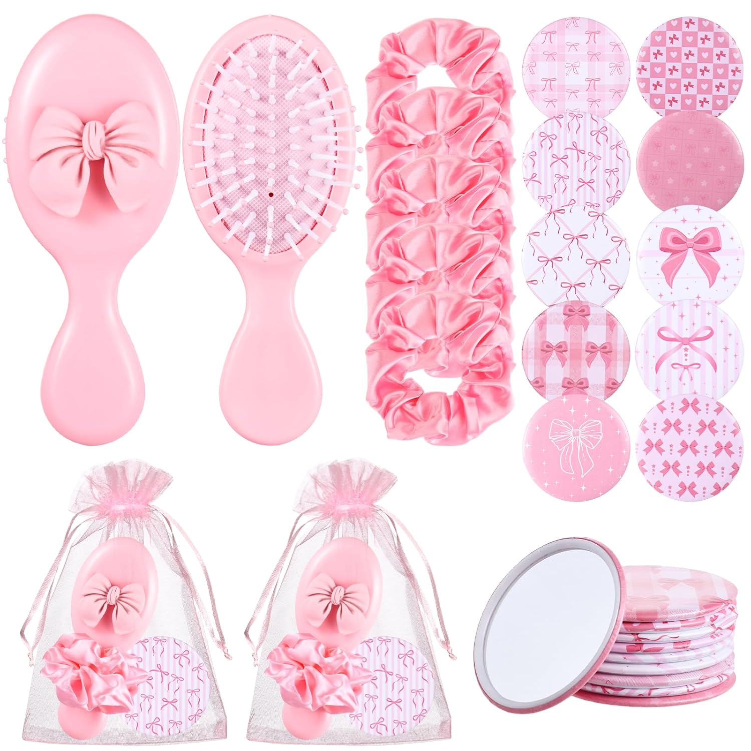 20Sets-80Pcs Coquette Party Favor Pink Party Favors Hair Brushes Foldable Mini Combs Pocket Cosmetic Mirrors Hair Scrunchies Accessories for Women Birthday Bridal Back to School Supplies