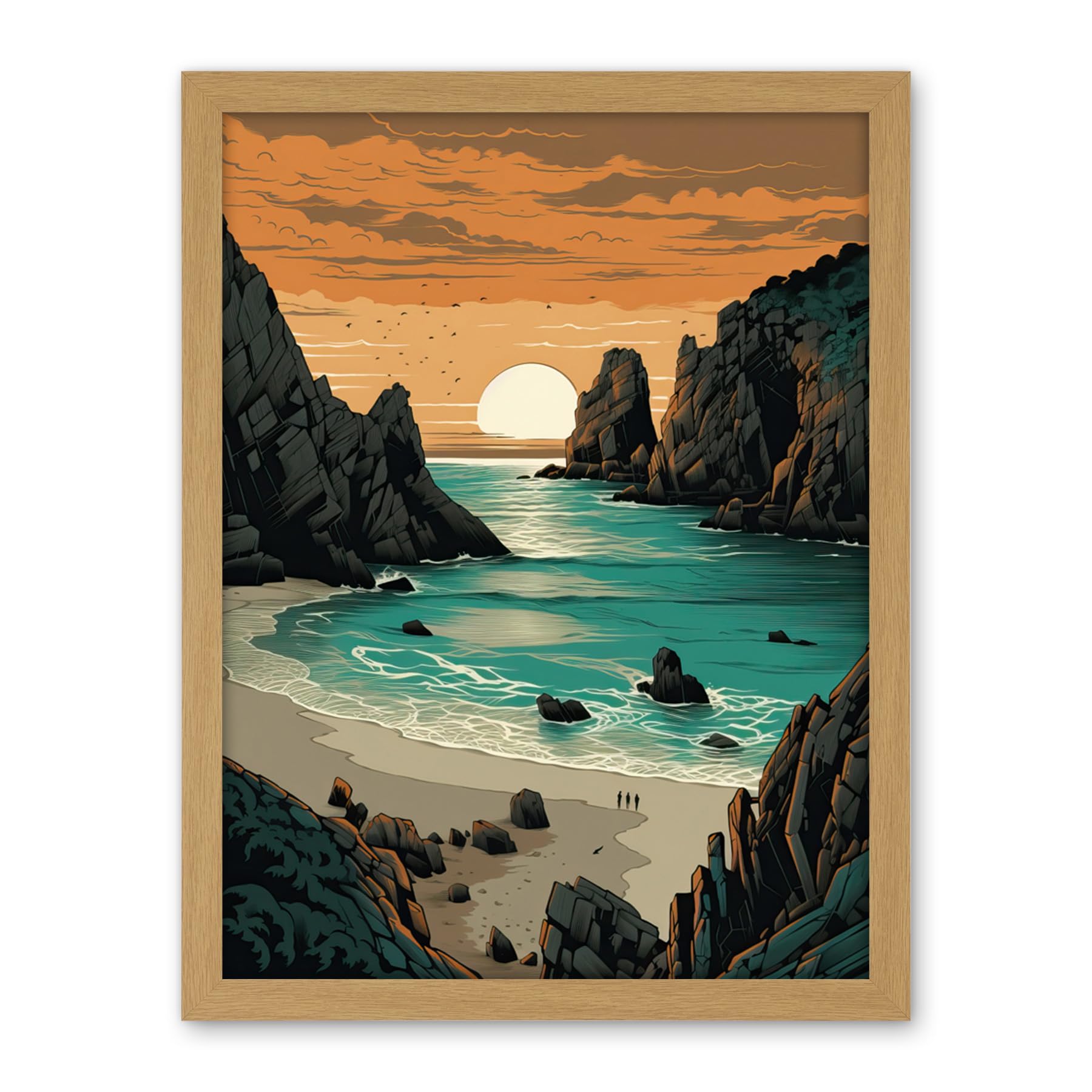 Artery8 Porthcurno Beach Sunrise Coastal Landscape Artwork Framed Wall Art Print 18X24 Inch