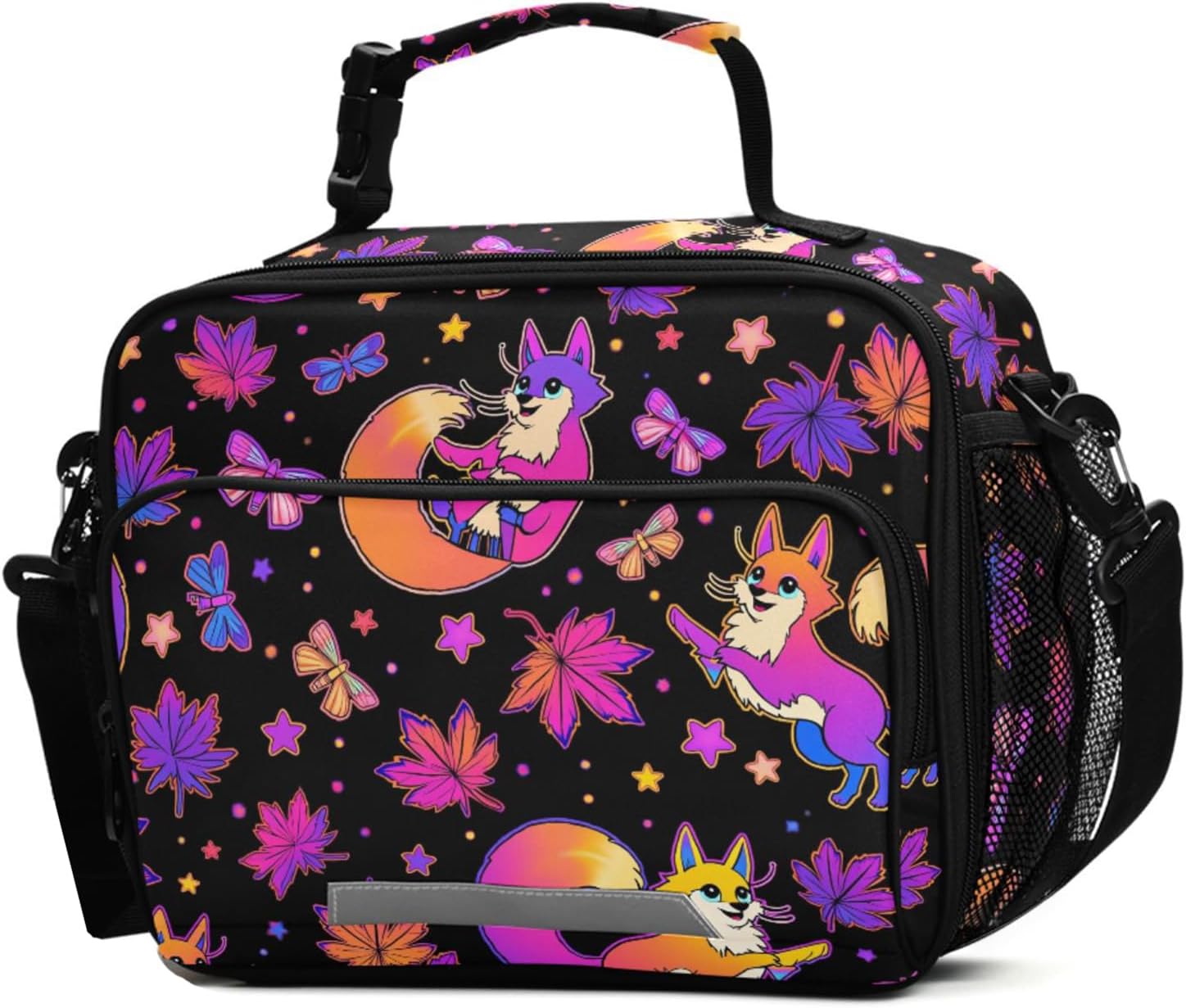 Psychedelic Fox Cat Lunch Box for Girls Purple Insulated Lunch Bag Kids Boys Cooler Tote Shoulder Strap Reusable School Travel Picnic