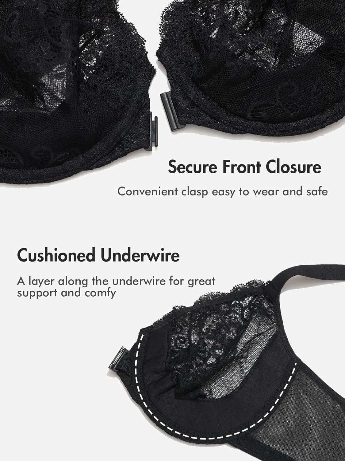 DELIMIRA Women's Front Closure Lace Underwire Sheer Bras Plus Size Full Coverage Sexy Plunge Unlined Bra - Image 5