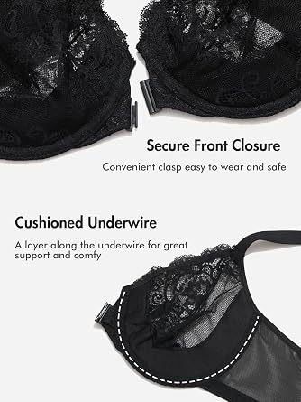 DELIMIRA Women's Front Closure Lace Underwire Bras | Sheer, Plus Size, Full Coverage, Sexy, Plunge, No Padding Unlined