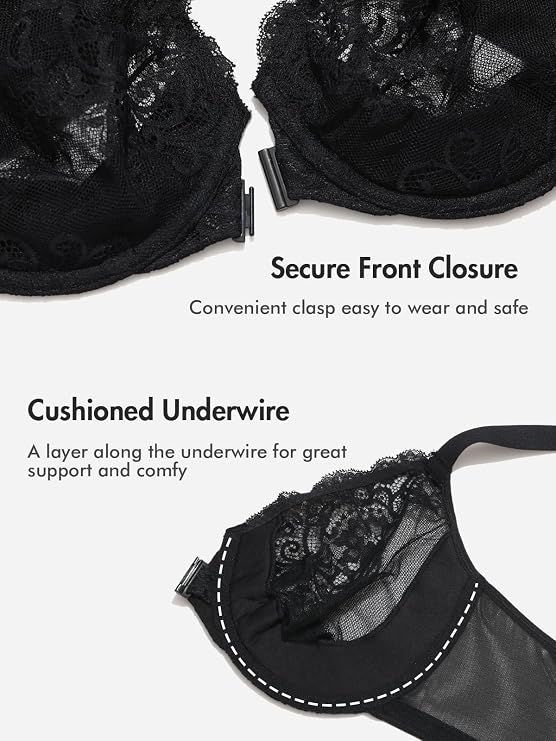 DELIMIRA Women's Front Closure Lace Underwire Bras | Sheer, Plus Size, Full Coverage, Sexy, Plunge, No Padding Unlined