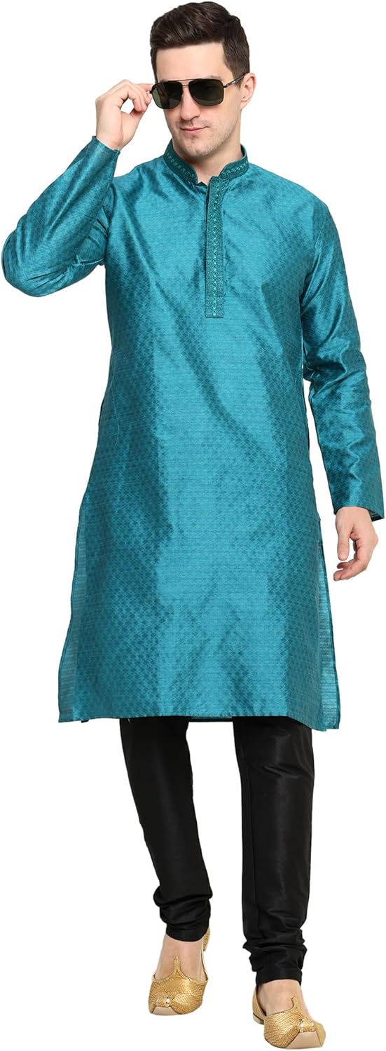 Men's Tunic Art Silk Kurta Pajama Pyjama Set with Embroidery Work Indian Clothing Wedding Party Dress Gifts Items - Image 6