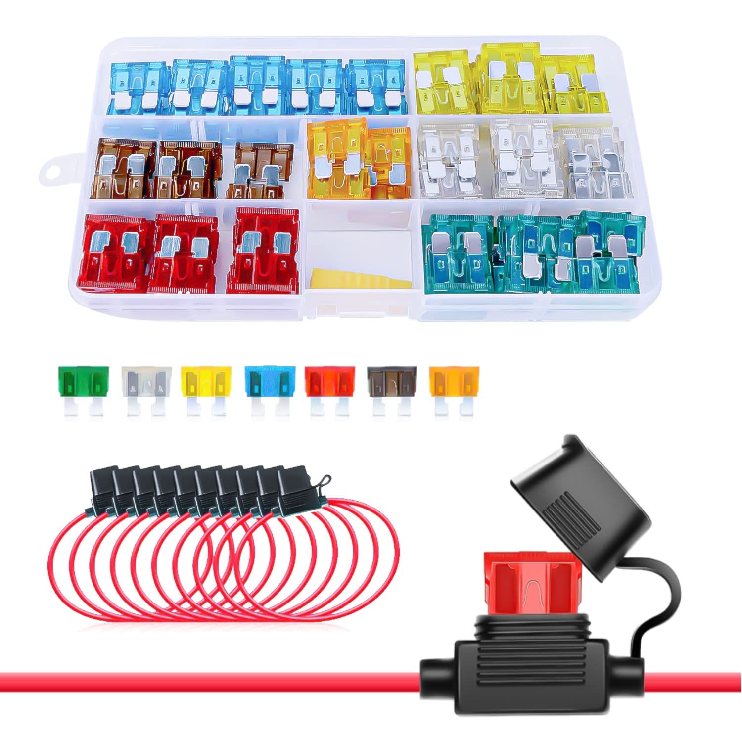 Automotive Fuses Assortment Kit Includes 120Pcs Standard Blade Fuse 10Pcs 14AWG ATC/ATO Inline Fuse Holder 1Pcs Fuse Puller, 5A 7.5A 10A 15A 20A 25A 30A Car Fuses Assorted Set for Car RV Truck Boat