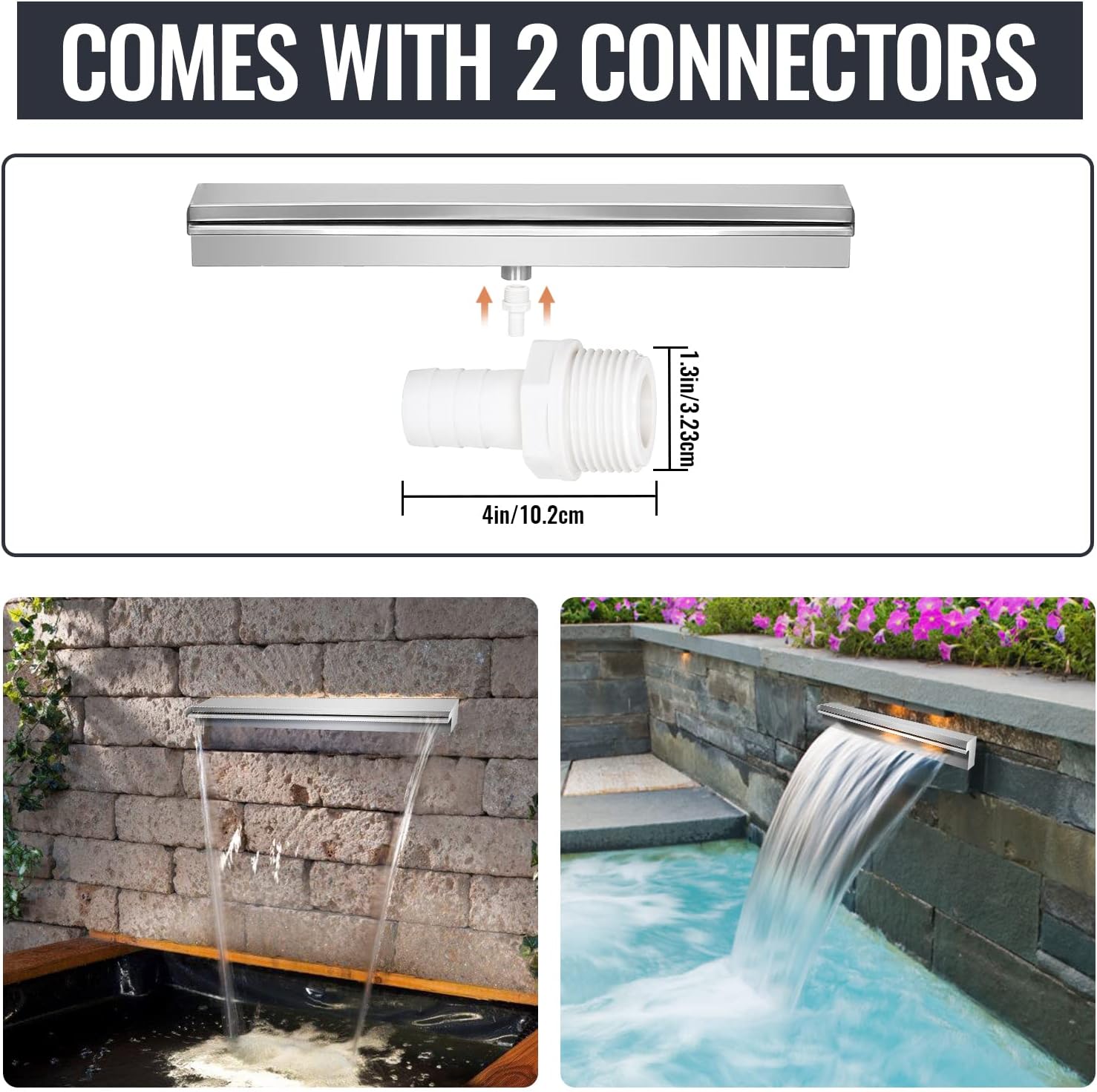 Pool Waterfall Fountains 11.8 Inches, Stainless Steel Rectangular Pool Waterfall Spillway with Pipe Connector for Indoor/Outdoor Decorative