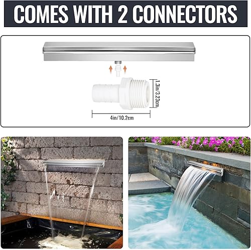 Miniatura 3 de Migoda Fuentes de cascada de piscina, cascada rectangular de acero inoxidable con conector de tubería para decoración de interiores y exteriores