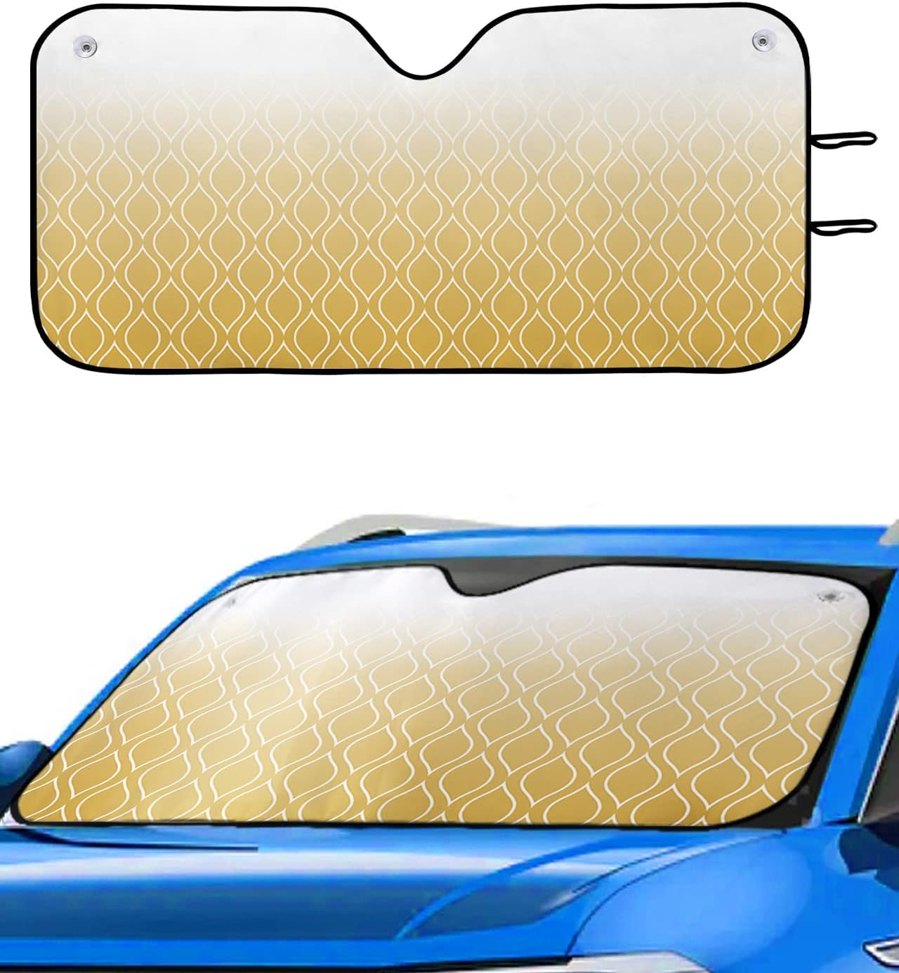 Morocco Patterns Car Windshield Sun Shade with Straps - Polyester Car Sun Visor Blocks Heat and Sun, Yellow Gradient Geometric Texture Foldable Automotive Interior Accessories Keep Vehicle Cool