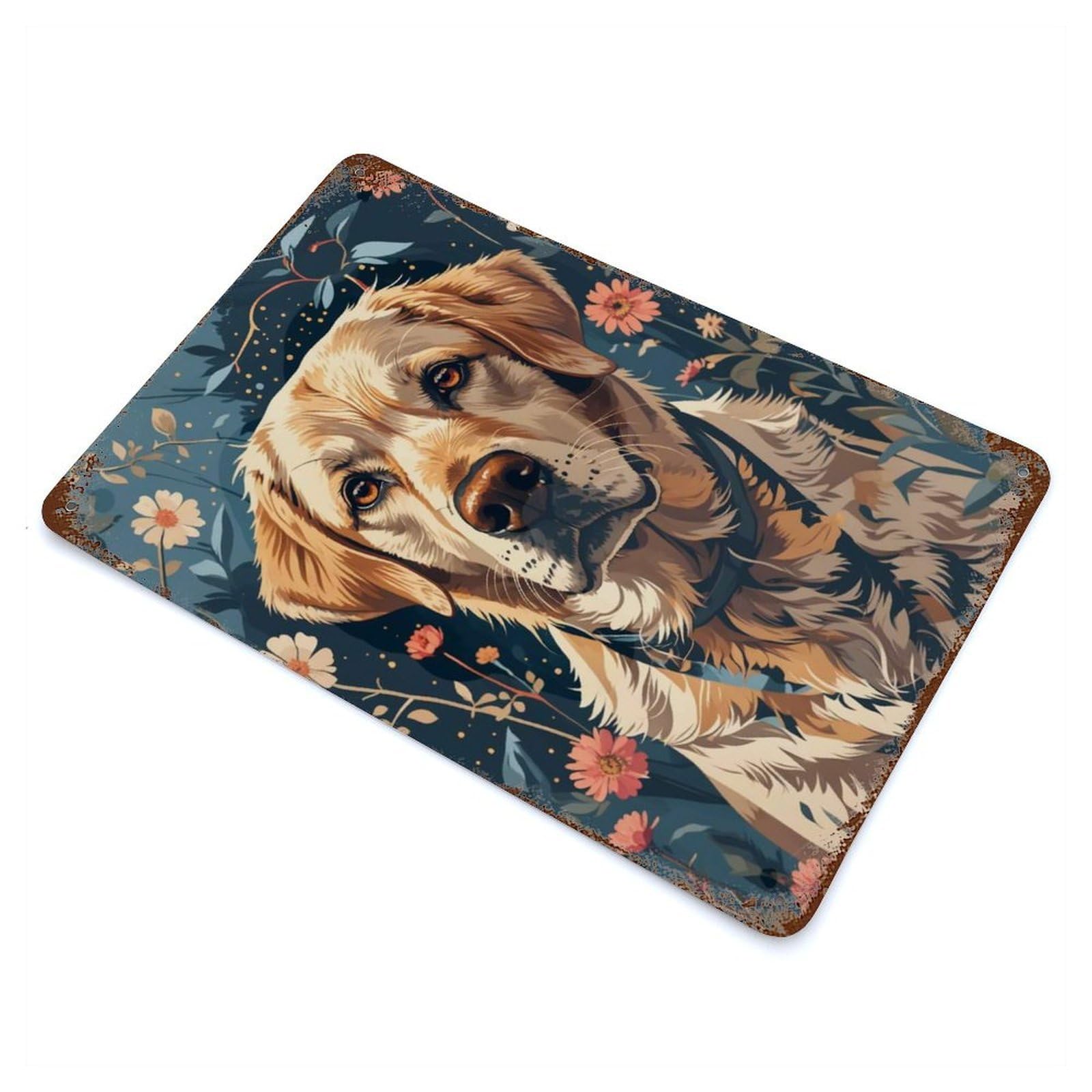 Labrador Retriever Portrait with Flowers Rust Effect Tin Sign 11.8"x7.9", Old School Wall Decor for Living Room, Hallway And Home Decor