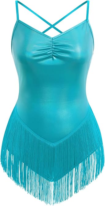 Women Sexy Metallic Fringe Bodysuit Criss Cross Back Sparkly Latin Trapeze Artist Tassel Costume Circus Rave Outfits
