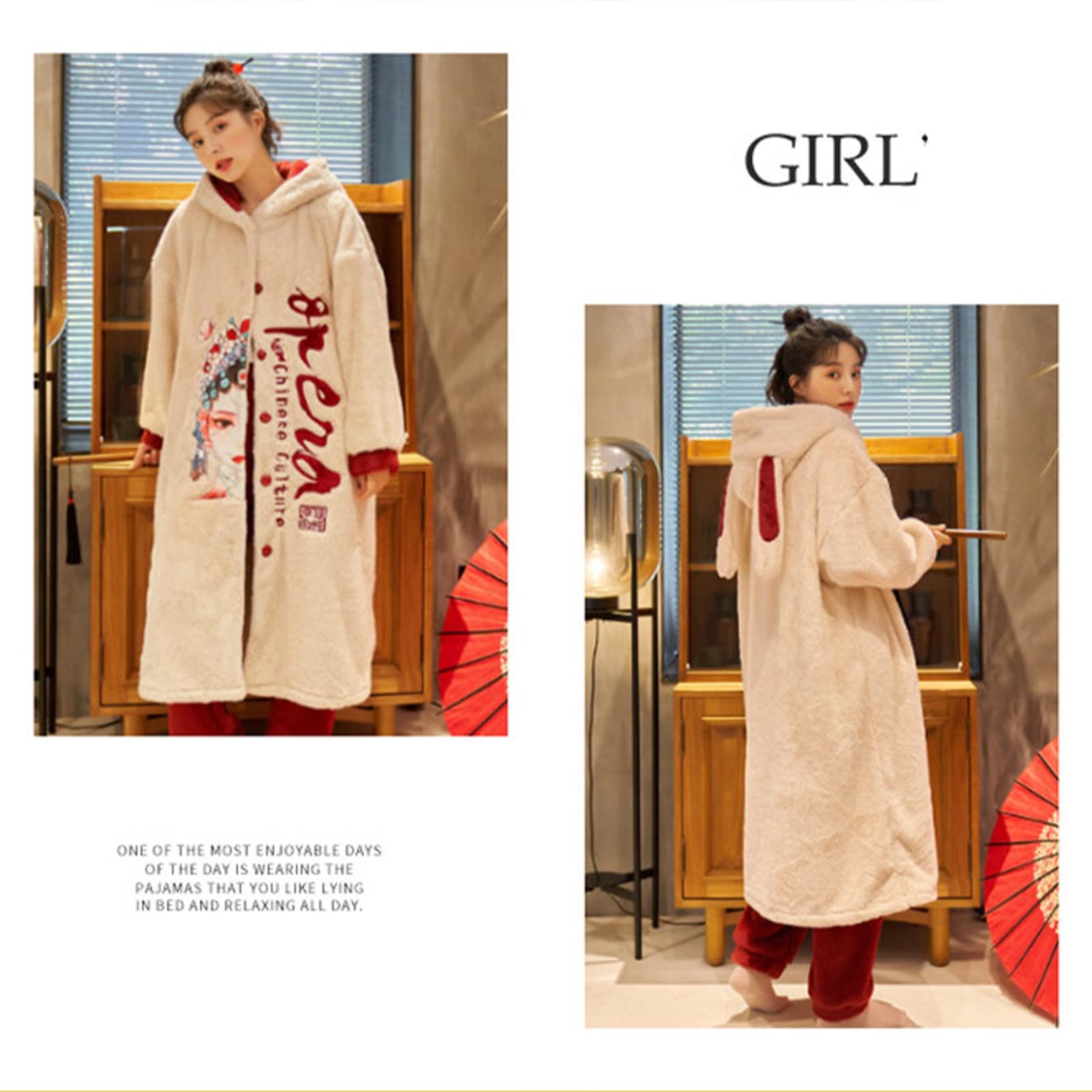 GHYUB Accappatoio Uomo Cappuccio, Accappatoi per Coppia, Pigiama di Flanella Invernale in 2 Pezzi, Accappatoio in Stile Cinese, Pigiama di Media Lunghezza con Cappuccio (Color : Woman Red, Size : 2L)