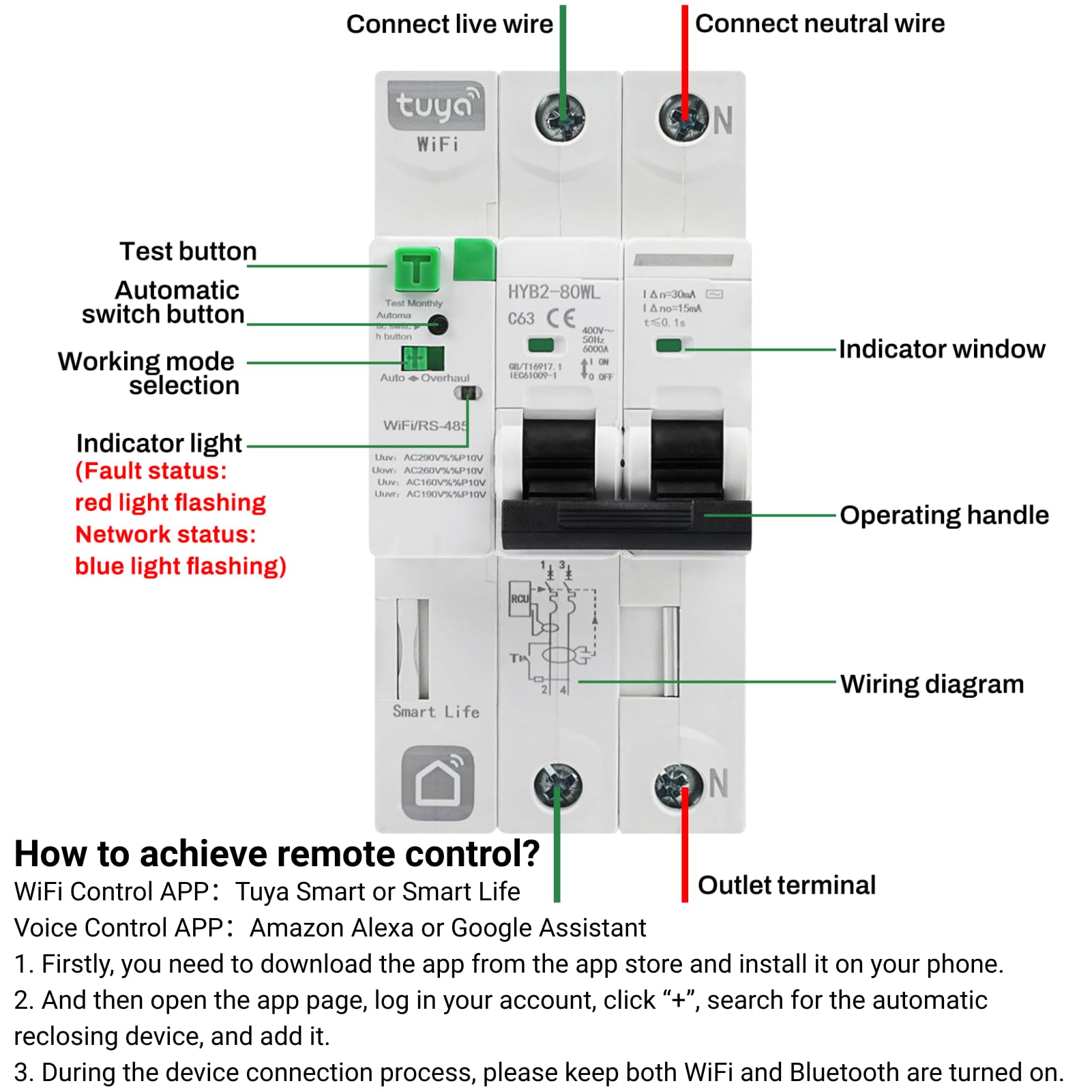 Jadeshay Interruttore Magnetotermico Differenziale Smart WiFi 63A 30mA 400V 6kA Dispositivo di Riarmo Automatico Salvavita RCCB,Controllare Chiusura e Suddivisione Tramite APP Tuya e Smart Life