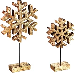 Cypress Home Wood Metallic Finish Snowflake on Stand Table Décor, Set of 2