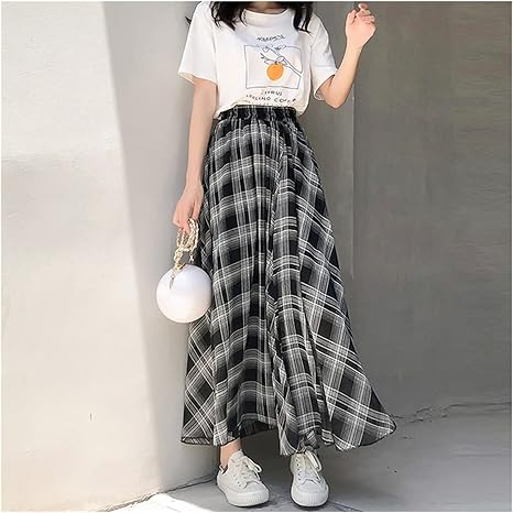 Amazon Co Jp Scj スカート女性カジュアル女性シンプルなオールマッチの良い通り春の学生新しい緩い韓国風の格子縞aラインシフォン足首の長さ Color As Shown Size M 服 ファッション小物