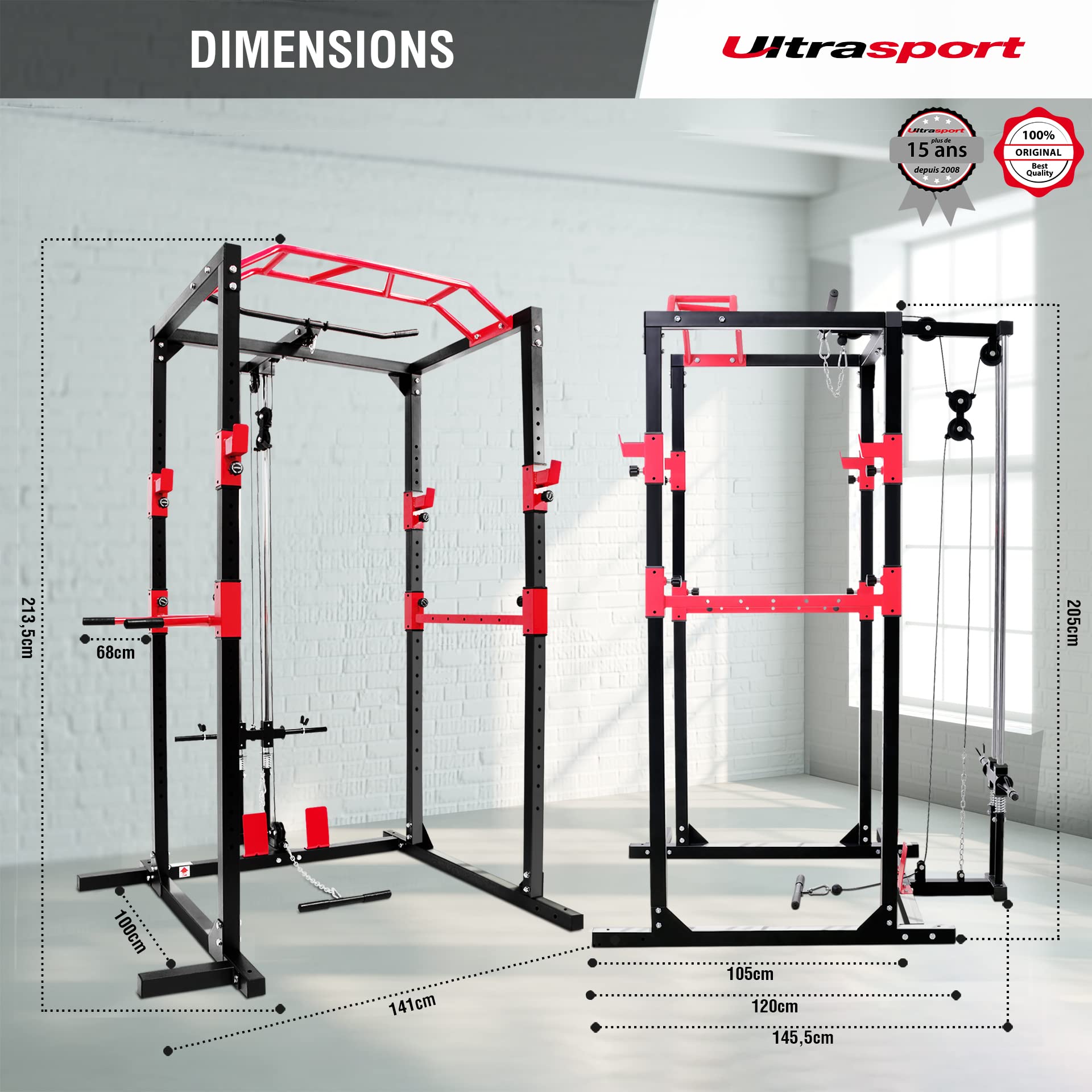 Ultrasport Mixte Banc de Musculation/Cage à Squats en Acier Massif, avec 2 Barres de Sécurité, Barre de Traction, Barre de Dips, Rameur - Noir/Rouge, 145.5 x 141 x 213.5 cm