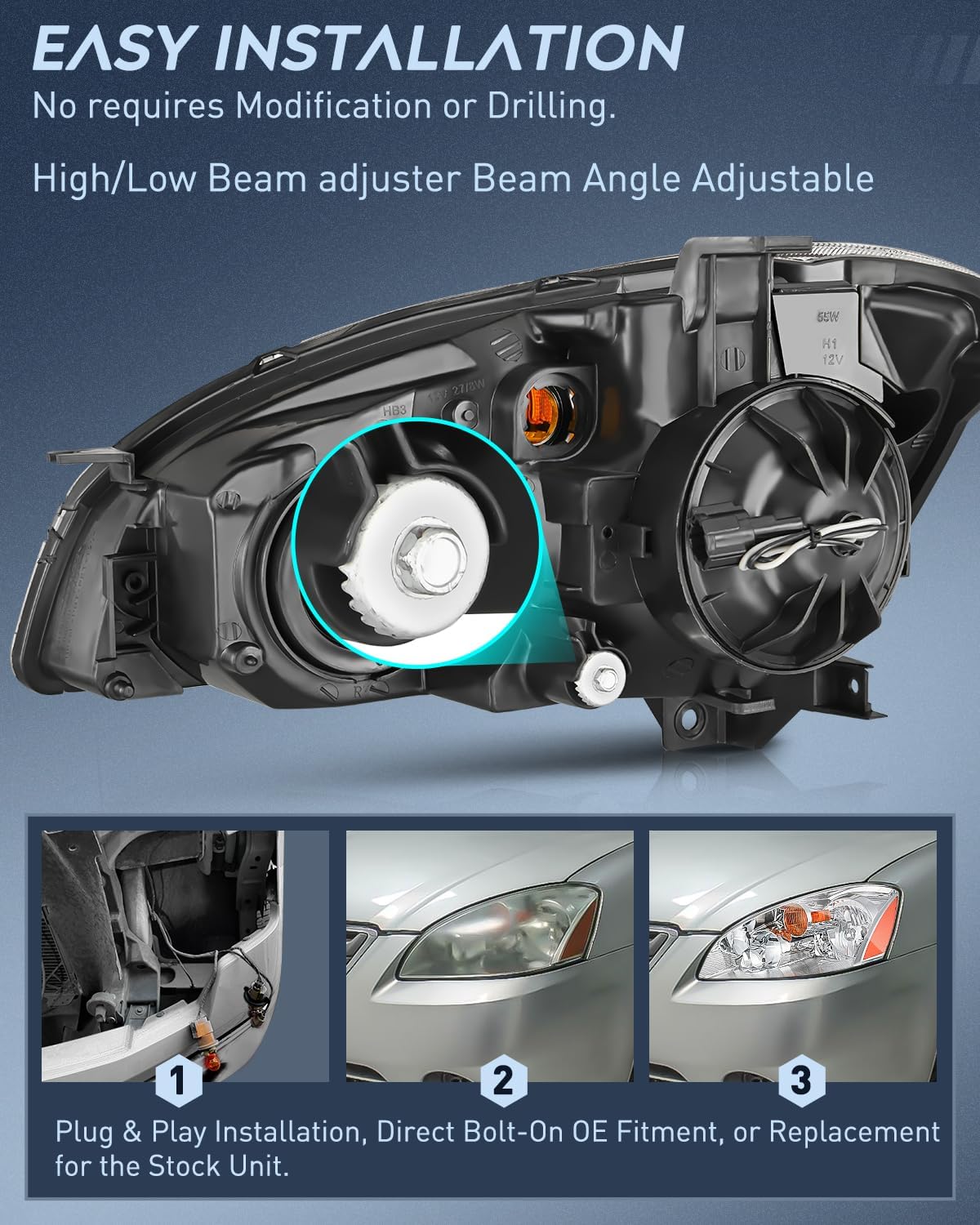 Nilight Headlight Assembly Compatible with 2002 2003 2004 Nissan Altima Chrome Housing Amber Reflector Clear Lens Headlights Replacement Driver and Passenger Side