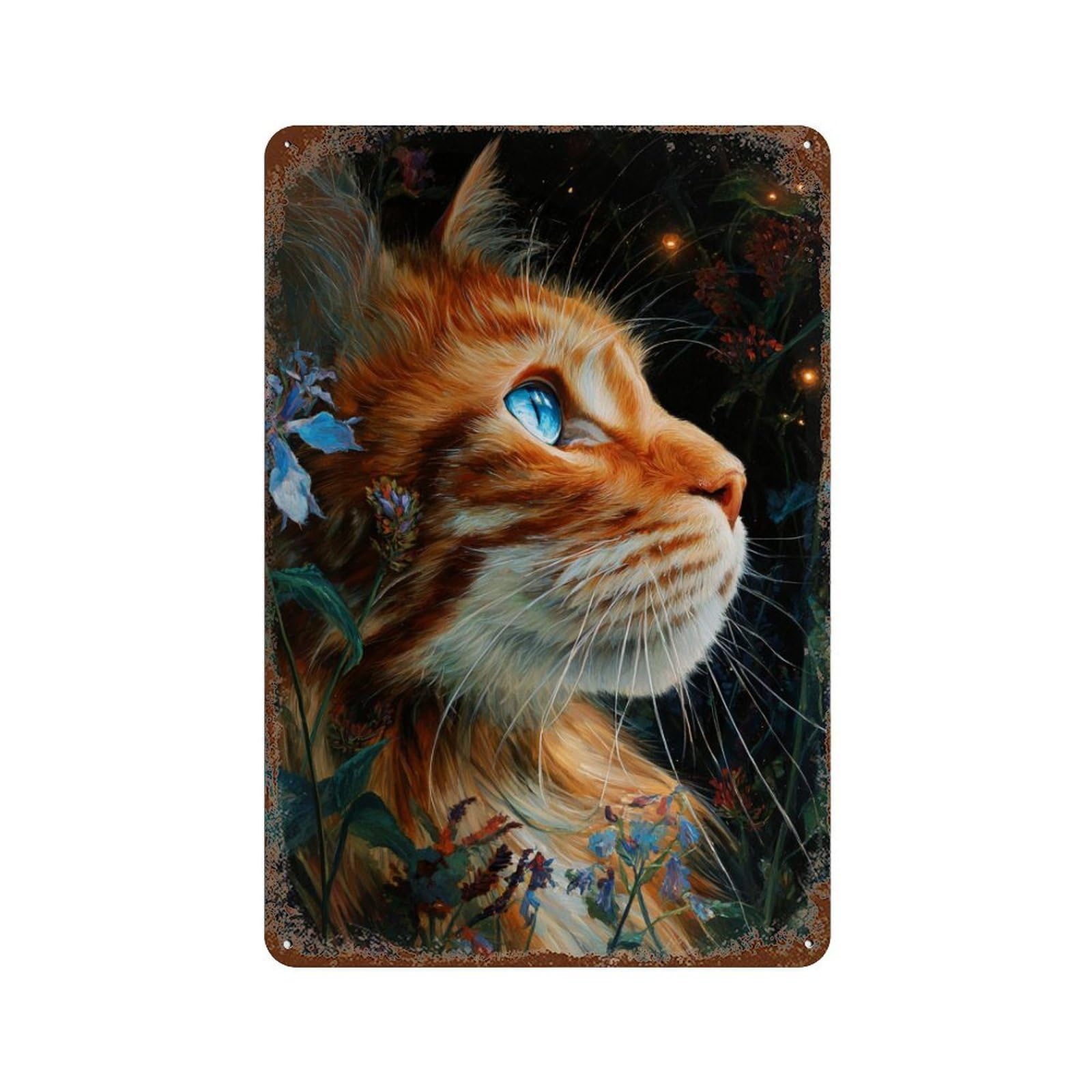 Rust Effect Glowing Cat in Flowers Rusty Metal Tin Sign 11.8"x7.9", Shabby Chic Decor for Garage, Bar And Workshop Decor