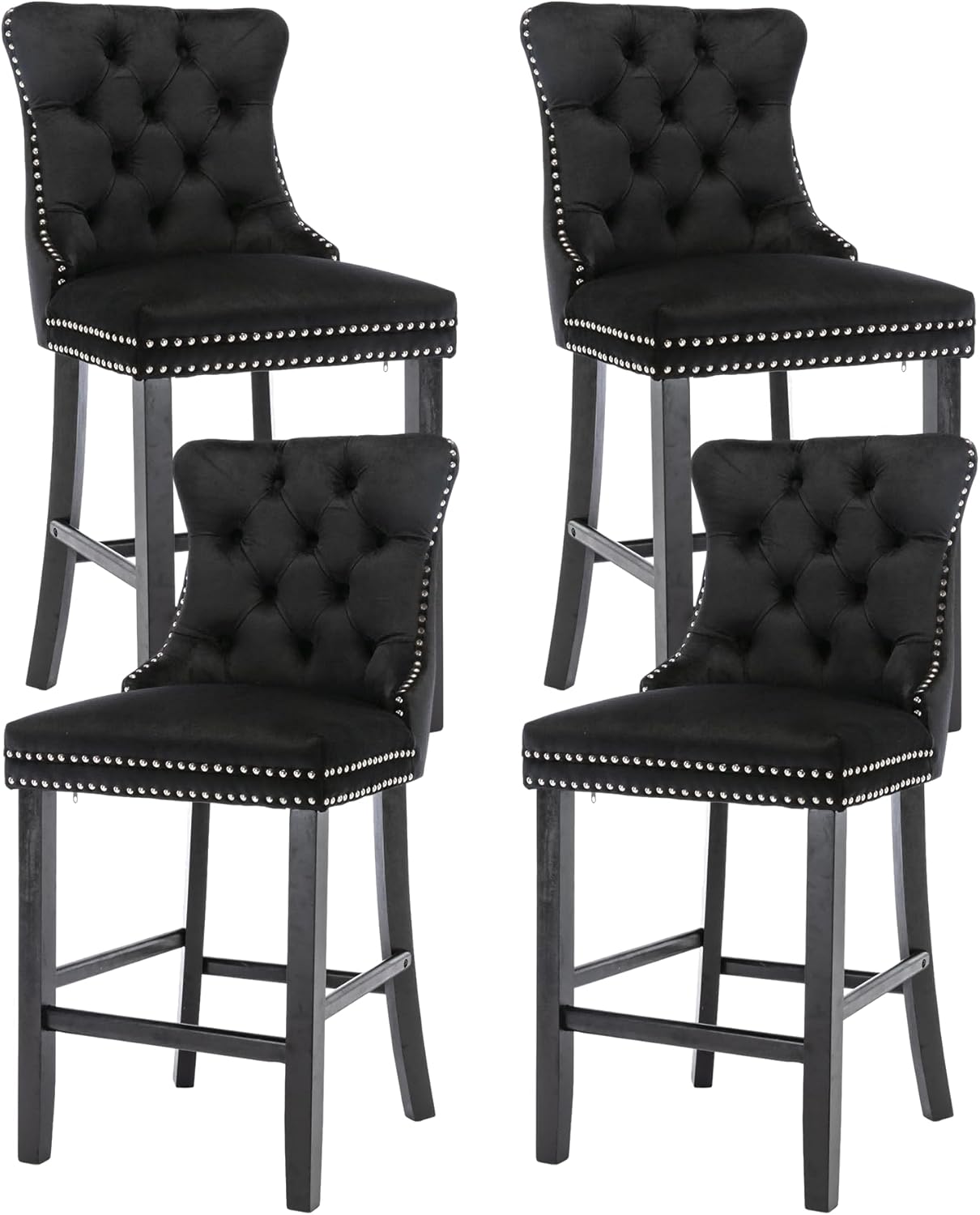 Rhomtree 27" Modern Velvet Upholstered Bar Stools with Wood Legs Button Tufted Chrome Nailhead Counter Height Bar Stools Seat Armless Bar Chairs for Kitchen Island or Home Pub (Black, Set of 4)