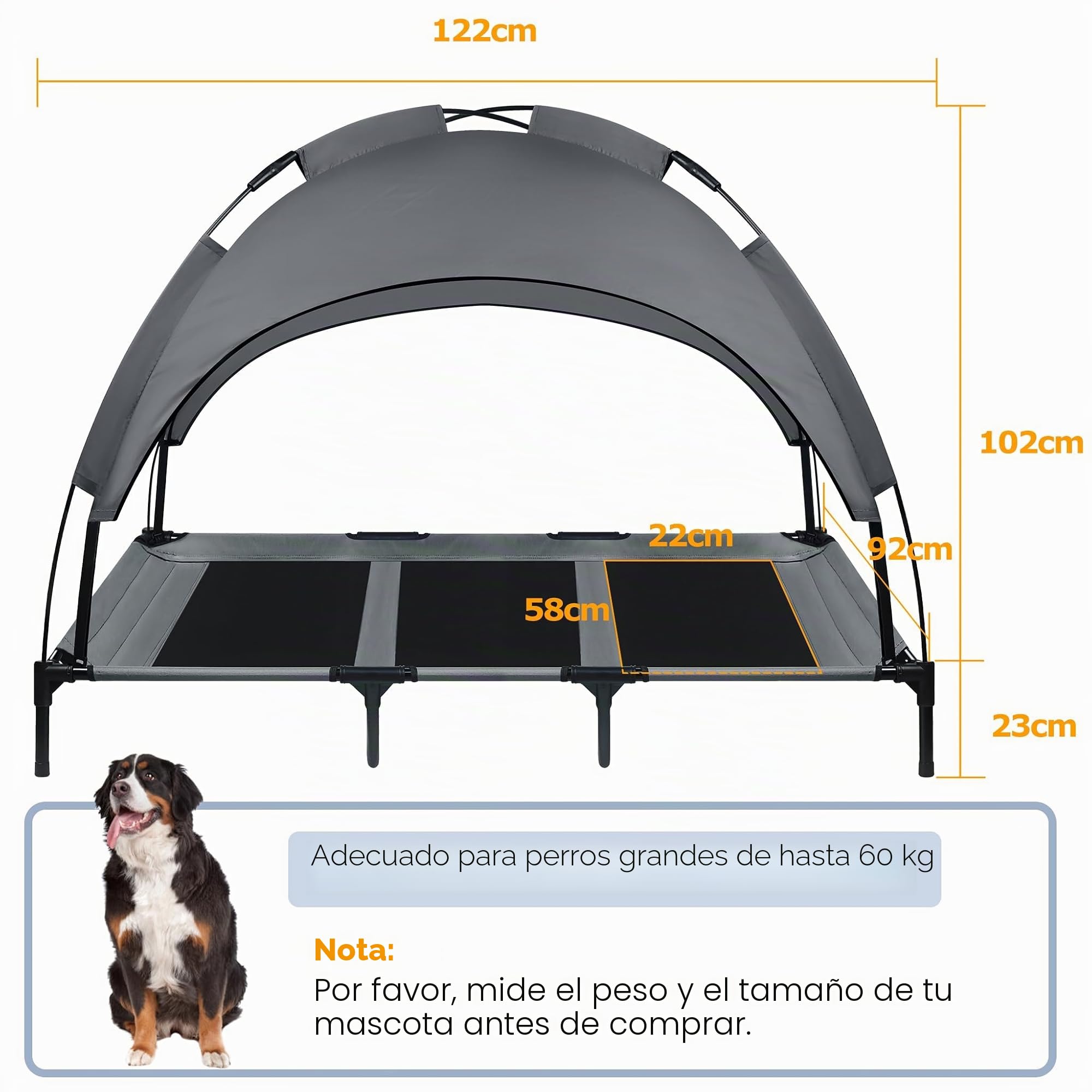 UISEBER Cama para mascotas elevada 122 x 92 x 102 cm Cama para perros al aire libre con techo para perros grandes hasta 60 kg Impermeable Camas para mascotas para interior y exterior Gris + Negro【XL】