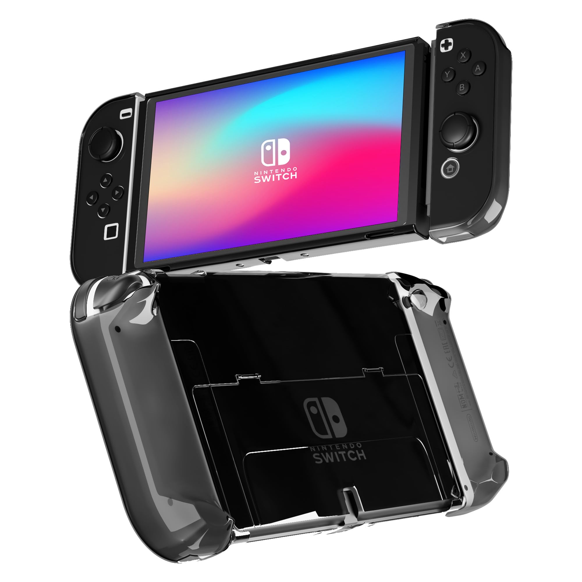 RHOTALL 3 in 1 Protective Black Clear Case Cover for Nintendo Switch OLED, Dockable Skin for Switch OLED and Joy Con Controller, Comfort Grip Shell with Shock-Absorption and Anti-Scratch Design