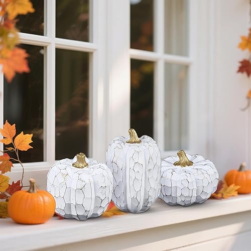 Miniatura 4 de winemana Decoraciones de otoño de calabazas para el hogar, juego de 3 elegantes centros de mesa de resina de calabaza blanca para mesa, repisa,