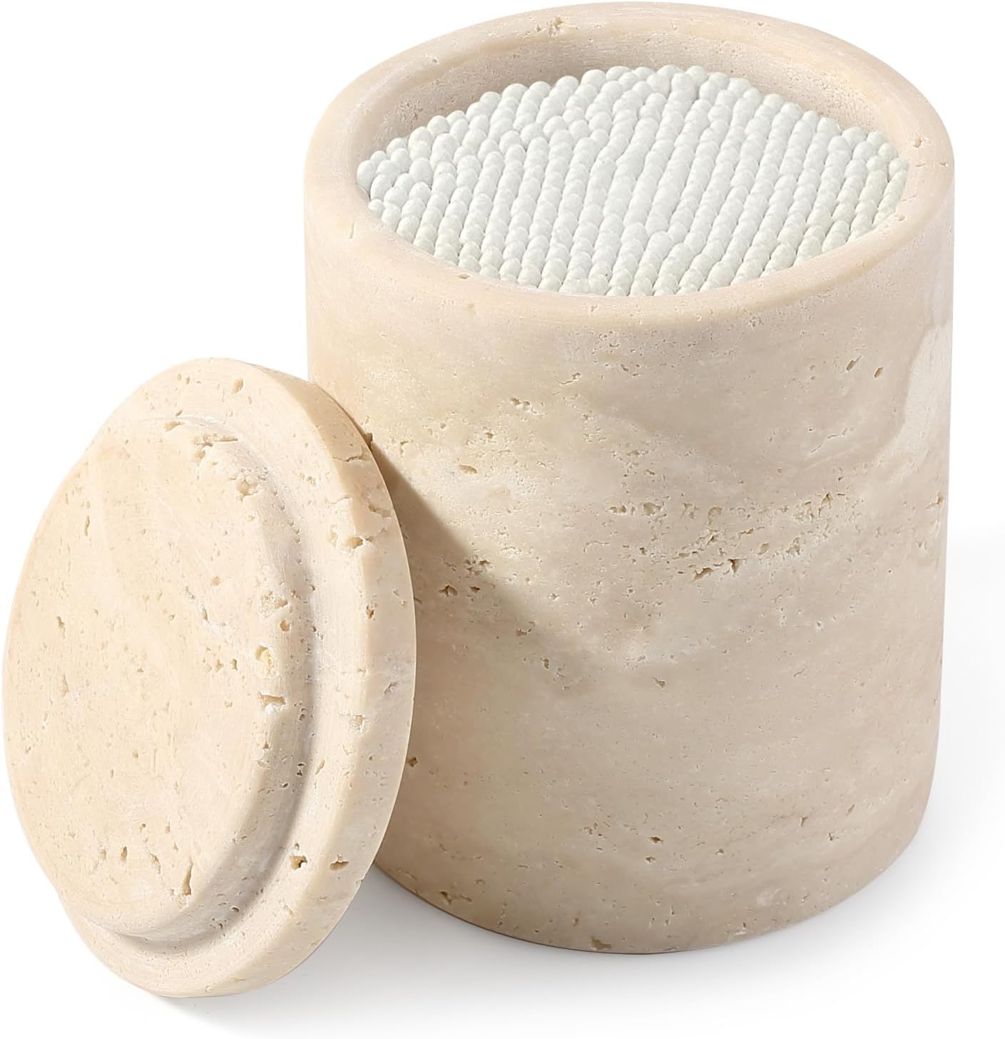 Marble Qtip Holder, Travertine Bathroom Accessories Toothbrush Holder with Lid for Cotton Swabs,Cotton Swabs, Jewelry, Floss Picks, Bathroom Essentials Decor Restroom Vanity Decor