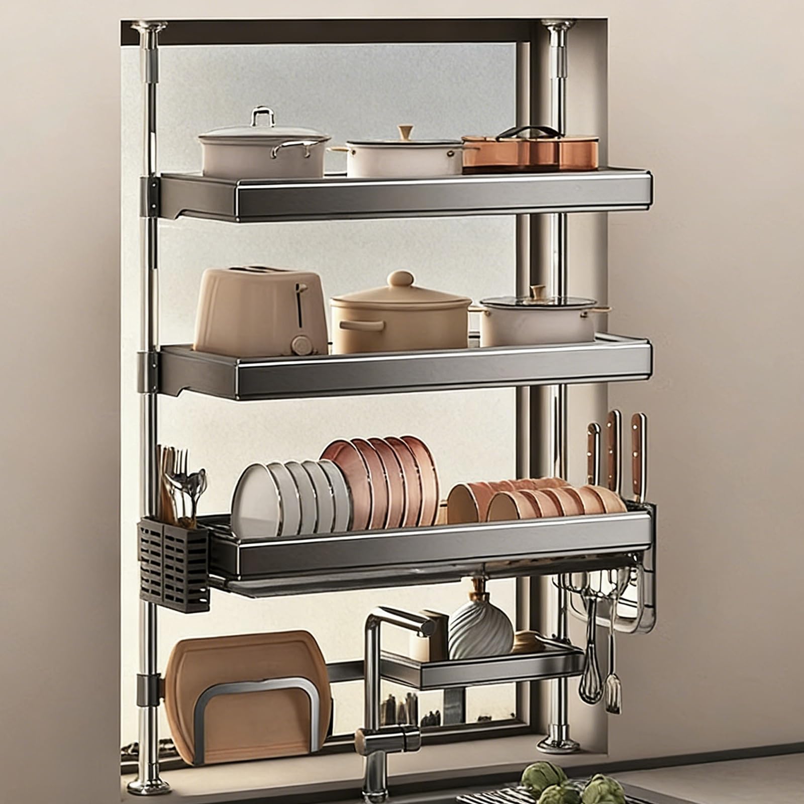 THNSAWX Expandable Over Sink Dish Drying Rack, Adjustable Dish Drainer Storage Rack, Kitchen Counter Storage Organization, Space-Saving, for Plates, Bowls(3 Tier 112-168cm,W118cm)