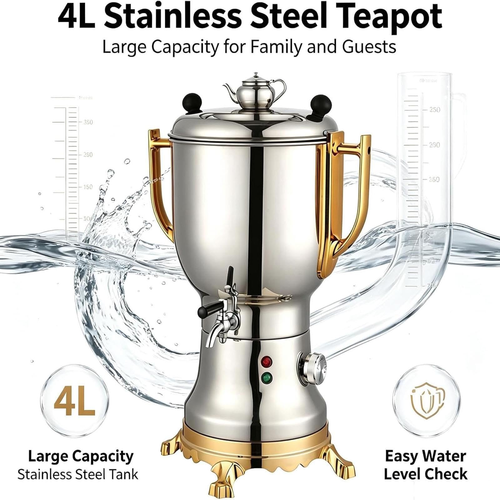 Samovar Elettrico 1800W, Macchina for Turco 4 Litri, Acciaio Inossidabile