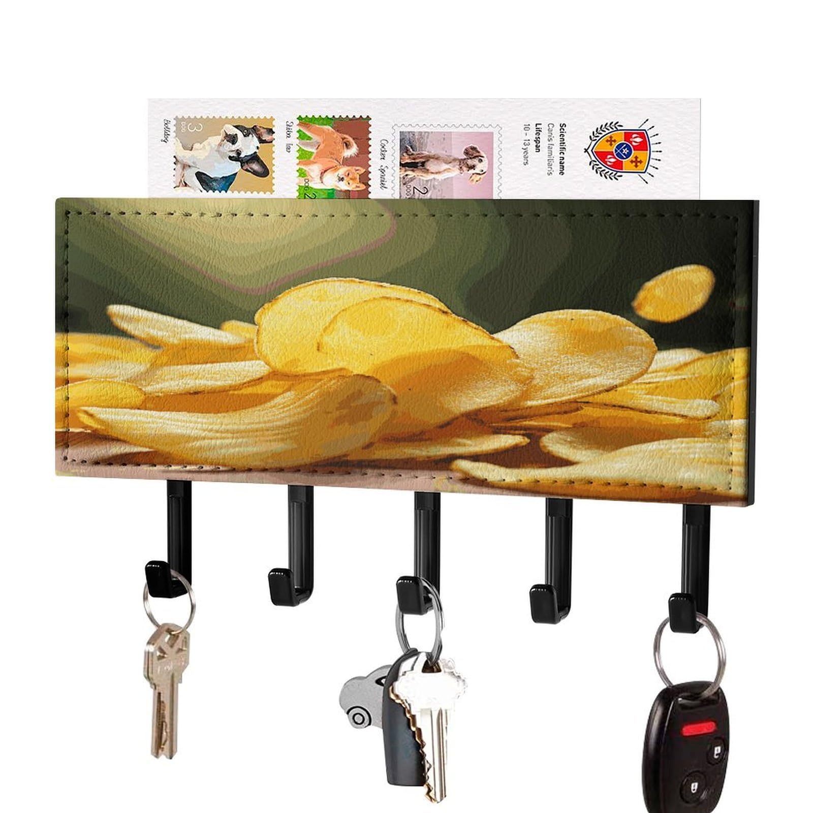 Fekiloot Black-Style Potato Chips Key Holder Wall Mount Decorative Key And Mail Holder With 5 Hooks Key Hanger Organizer Pu Key Rack Decorative Home Decor For Wall Living Room Entryway Office