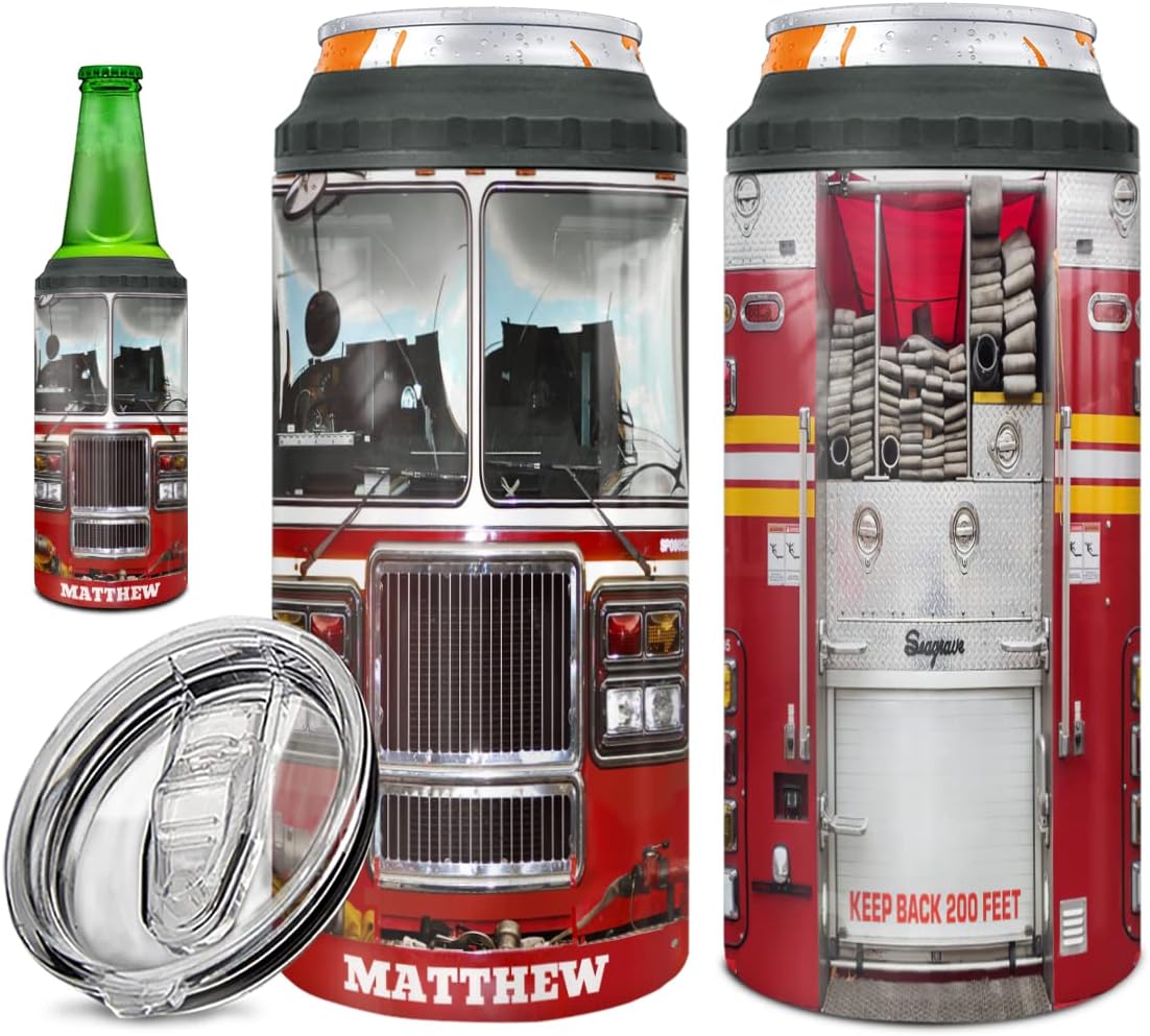 MerchcustomFirefighter Gifts for Fireman Personalized Firetruck Can Cooler Tumbler 4-in-1 Stainless Steel 16oz Double Vacuum Insulated Cups Thin Red Line Flag for Firefighters Fire Department