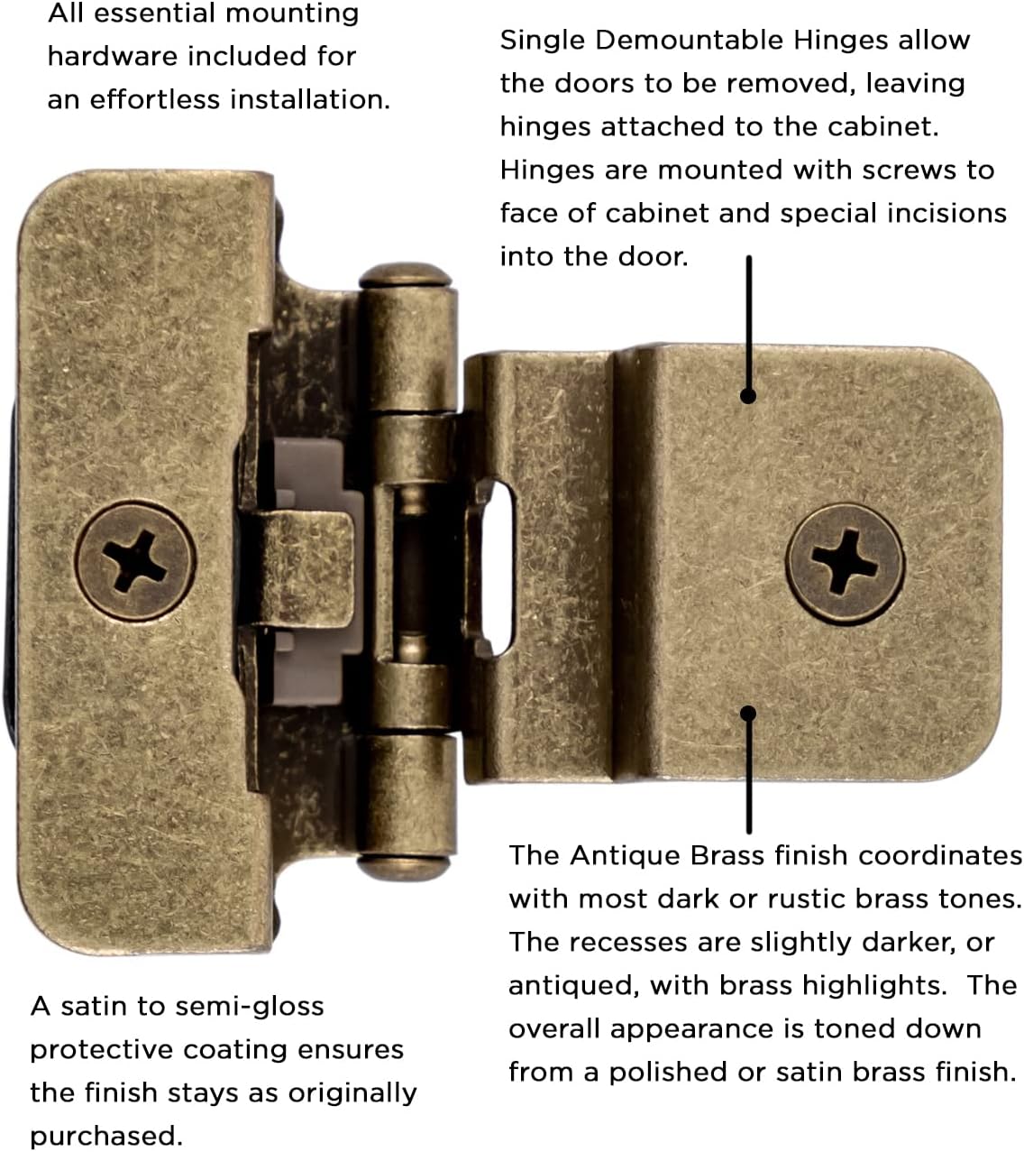 Hickory Hardware P5312-AB-10B Double Demountable Hinge - 1/4 Inch Overlay, 3/8 Inch Inset Self-Closing Feature with 170° Opening Face Frame | Screwless Mounting Cabinet Antique Brass Finish 10 Pairs