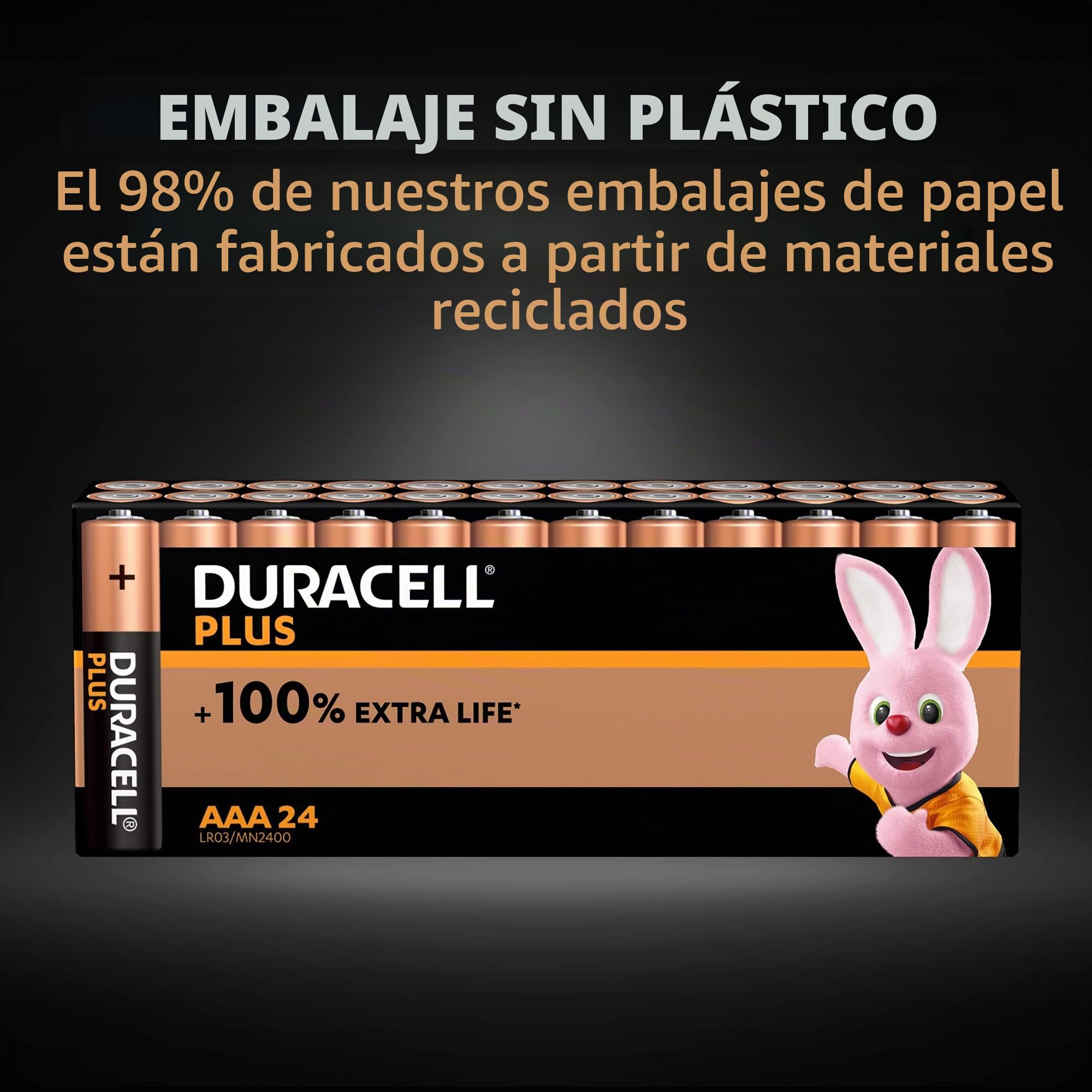 DURACELL Plus Pilas AAA (Paquete de 48) – Pilas alcalinas 1,5 V–hasta un 150% de duración Extra con Activos Power Boost–Fiabilidad para Dispositivos cotidianos–Envase con 0% de plástico-MN2400