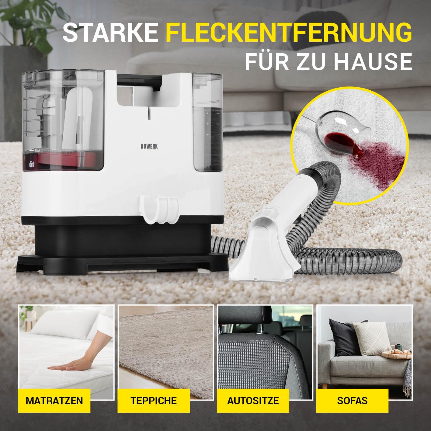 Waschsauger Portable Clean | Inkl. Reinigungsmittel | Polster- und Teppichreiniger, leicht und kompakt | Fleckenentferner, leistungsstarker 400 Watt Motor, Frisch- und Schmutzwassertank