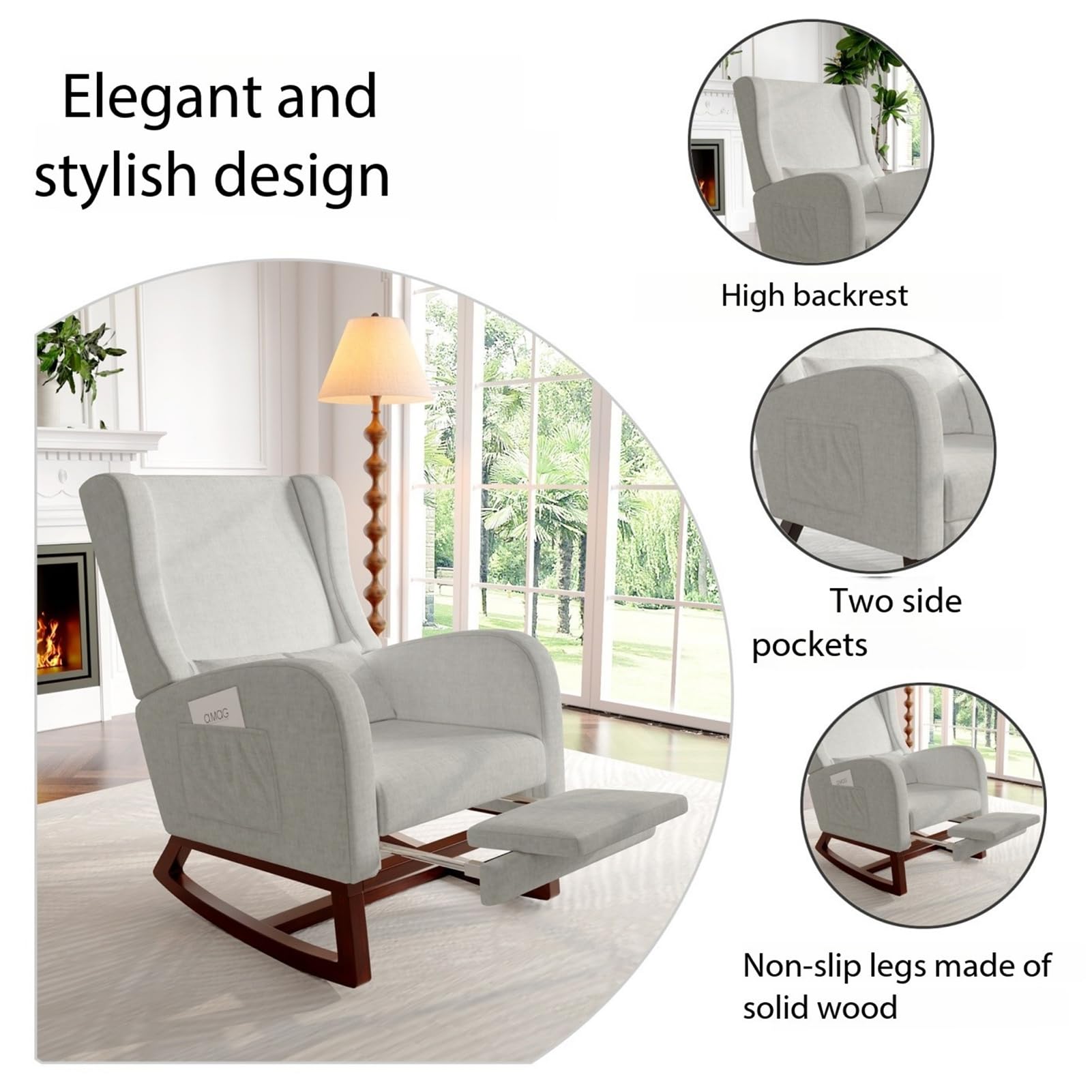 jeerbly mecedora con reposapiés, escandinavo sillón de relajación, silla para lactancia, sillón de salón dormitorio, hasta 110 kg, 67 x 64 x 99 cm, gris