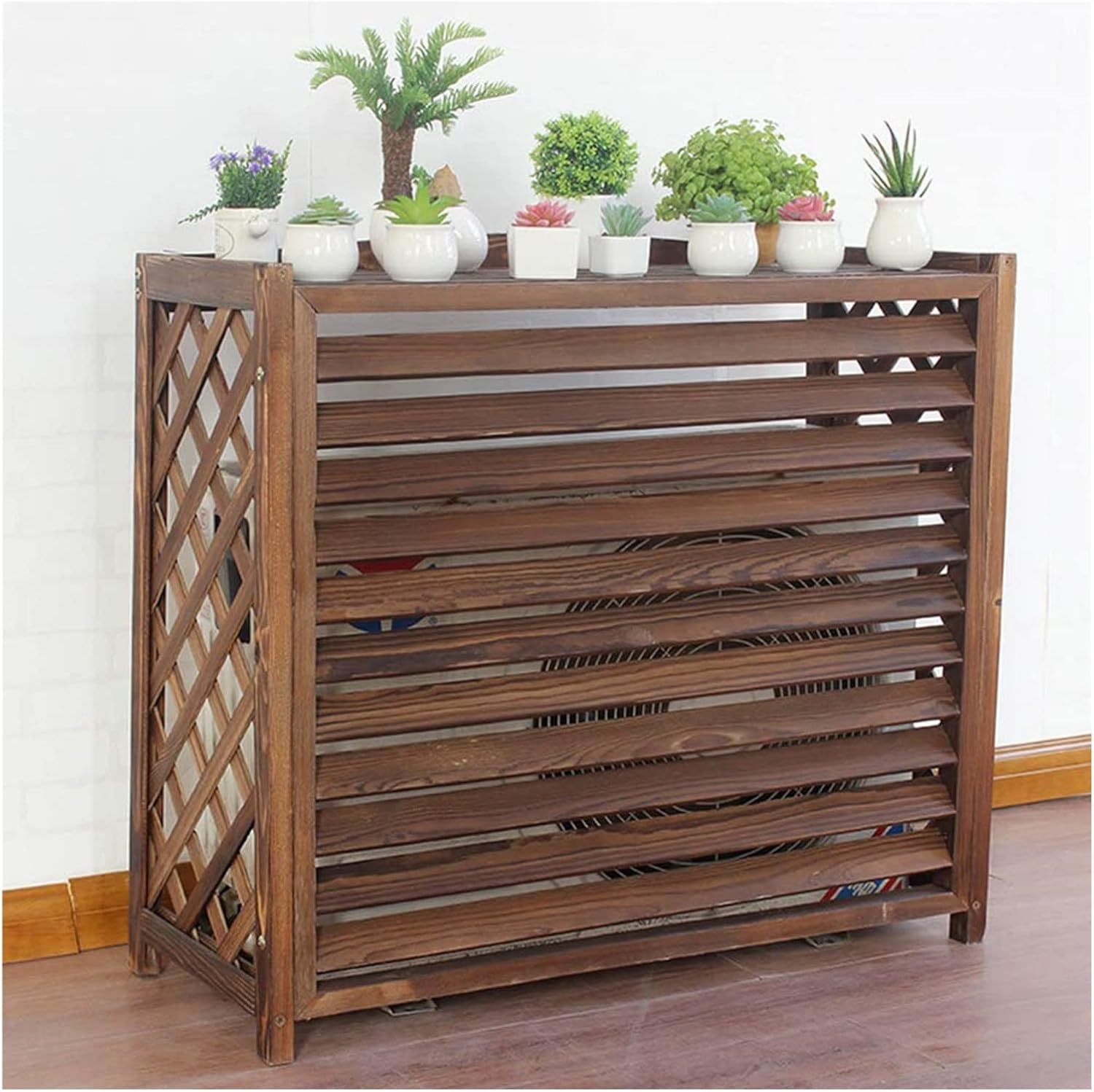 Air Conditioner Cover,Wooden Air Conditioning Cover For Outside Unit, Solid Wood Air Conditioning Flower Stand Air Conditioner Outer Cover Louvered, Freestanding Fence For Outside Garden Flower S