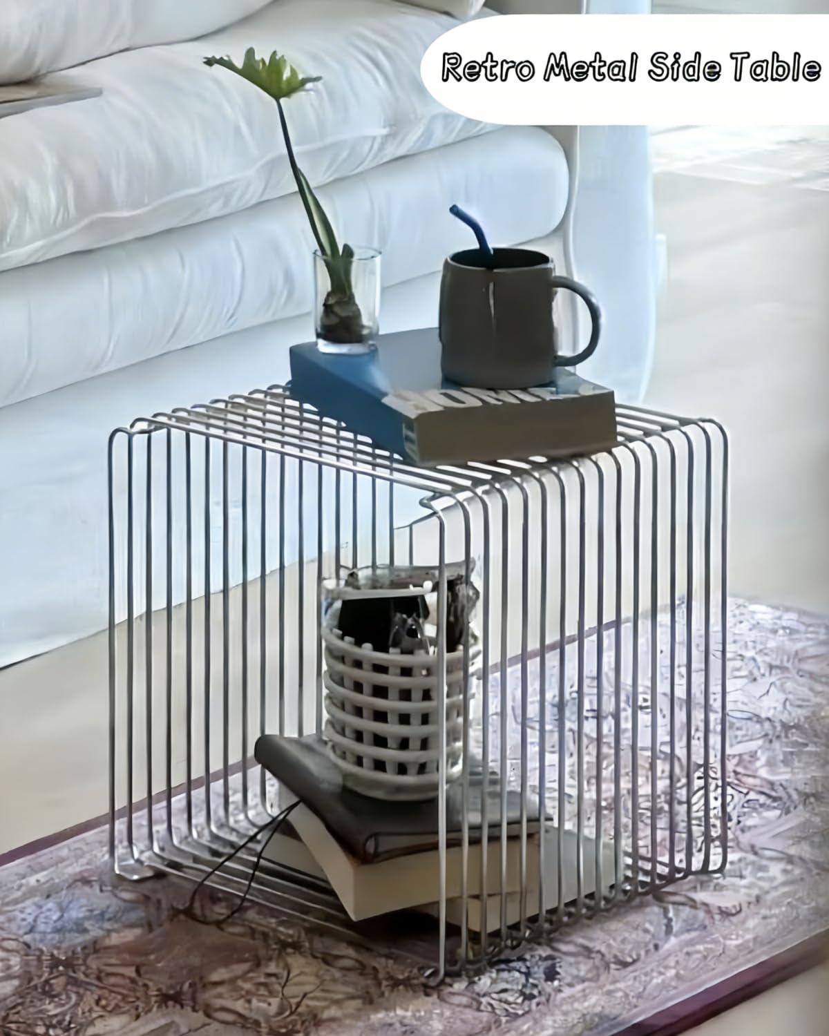 Square Metal Side Table, Small Silver End Table and Nightstand with Magazine Storage, Powder-Coated Iron with Stainless Steel-Inspired Look, Freestanding or Wall Mounted