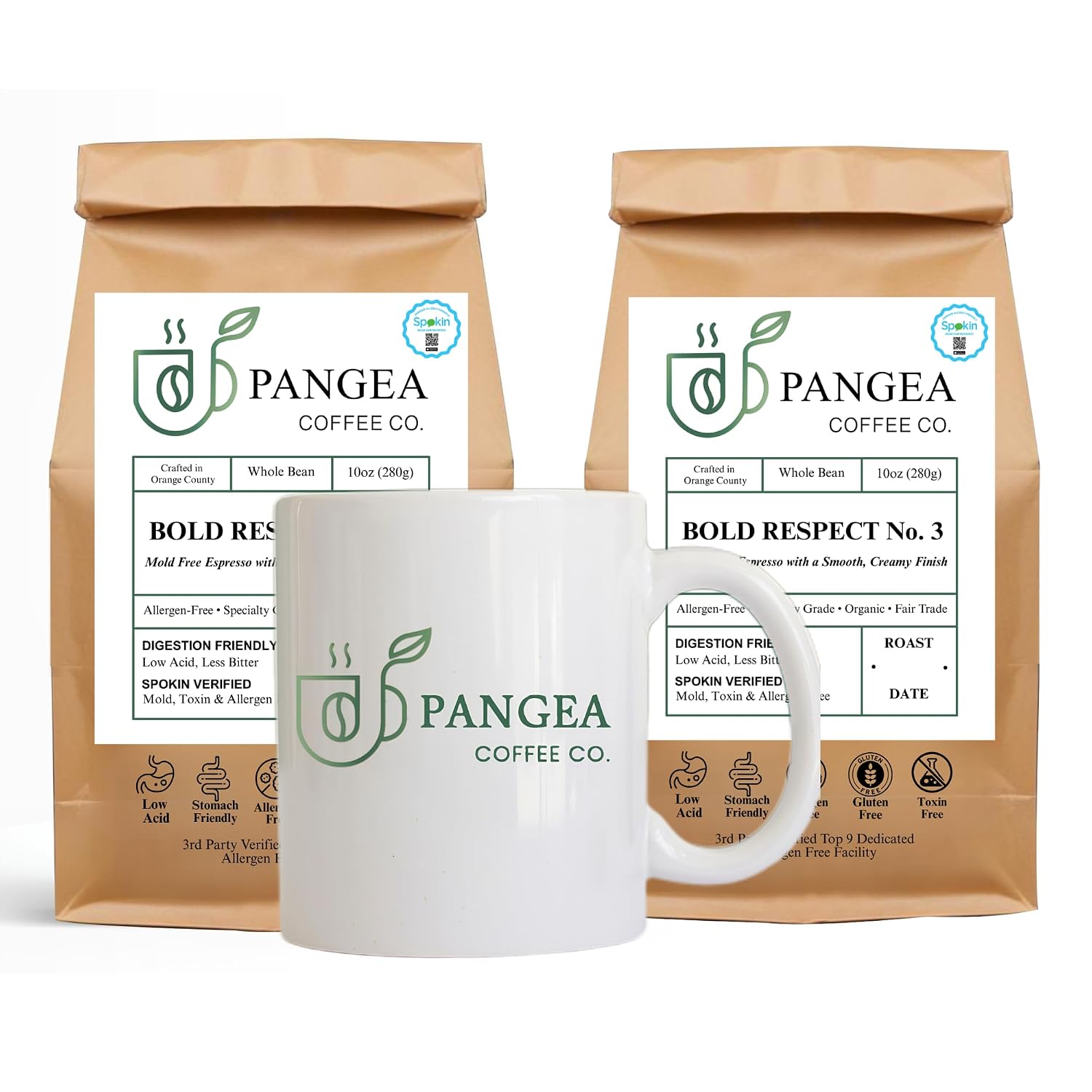 Pangea Bold Respect Dark Roast Coffee 2‑Pack Gift Set + Ceramic Mug – Low Acid Whole Bean, Allergen-Free, Specialty Arabica