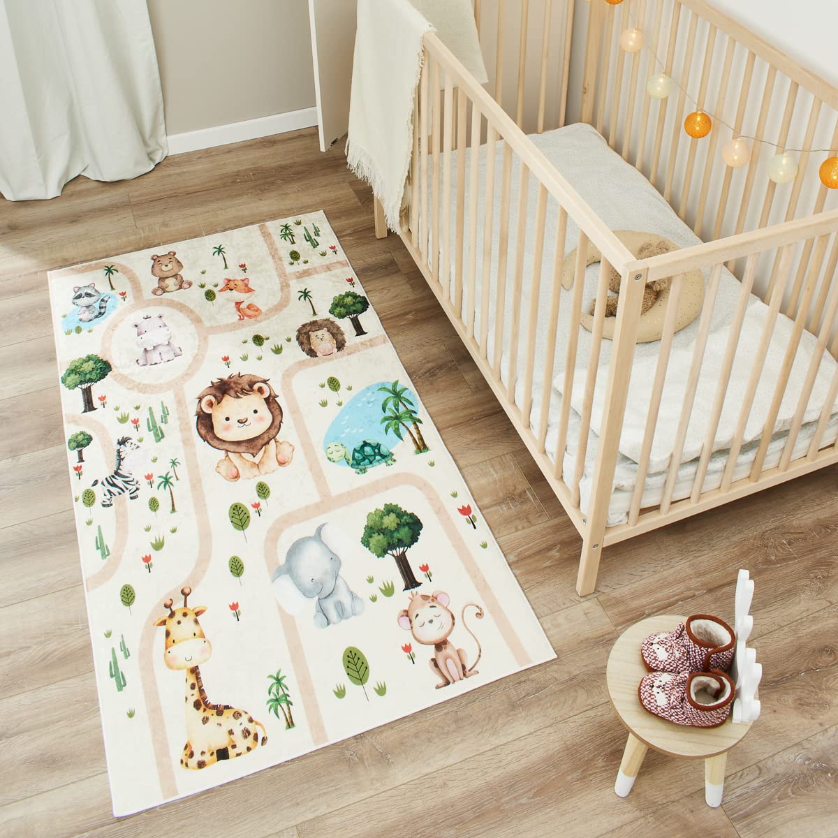 Nazar Tapis Chambre Enfant, Tapis Bébé, Tapis Enfant pour Fille et garçon à Motifs Dinosaure, Carte du Monde et Animaux (739 Beige, 80x150 cm)