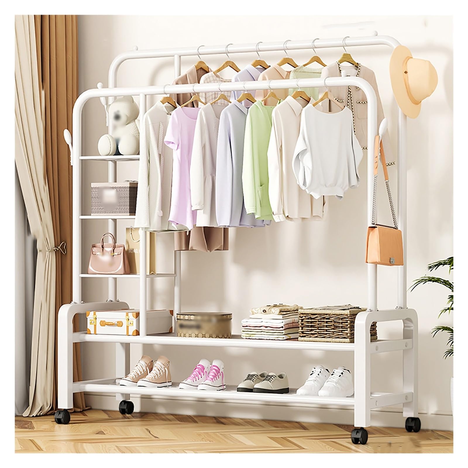 Portant à vêtements double rail sur roulettes portant blanc avec étagère penderie chambre
