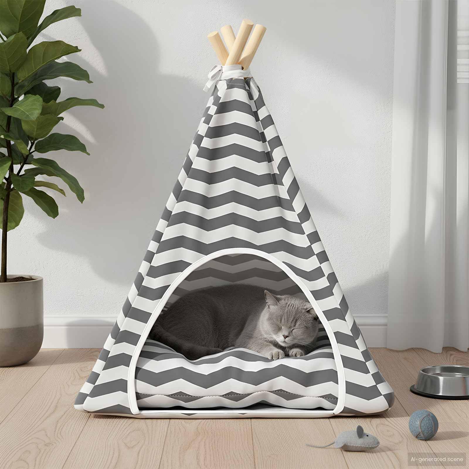 Tipi para mascotas con cojín blanco y gris, 50 x 50 x 60 cm, cueva para gatos, cesta para gatos, cojín para gatos, cama acogedora con estaca de madera de pino para gatos y perros pequeños