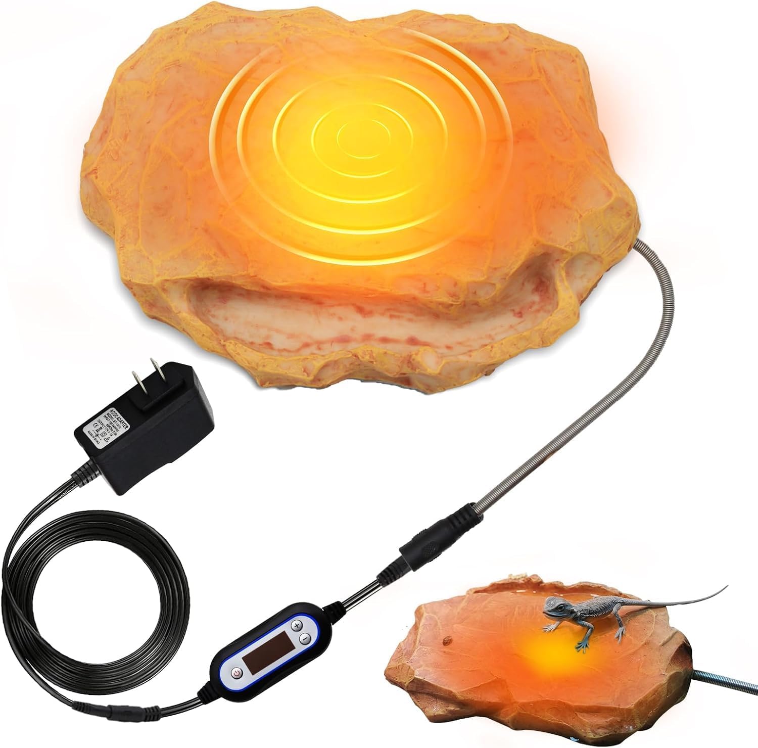 Reptile Heat Rock with Feeding Trough Bearded Dragon Heat Rock Temperature Adjustment Heating Rock for Reptiles Tank Basking Climbing Rocks Warmer for Turtle Snakes Hermit Lizard, Yellow