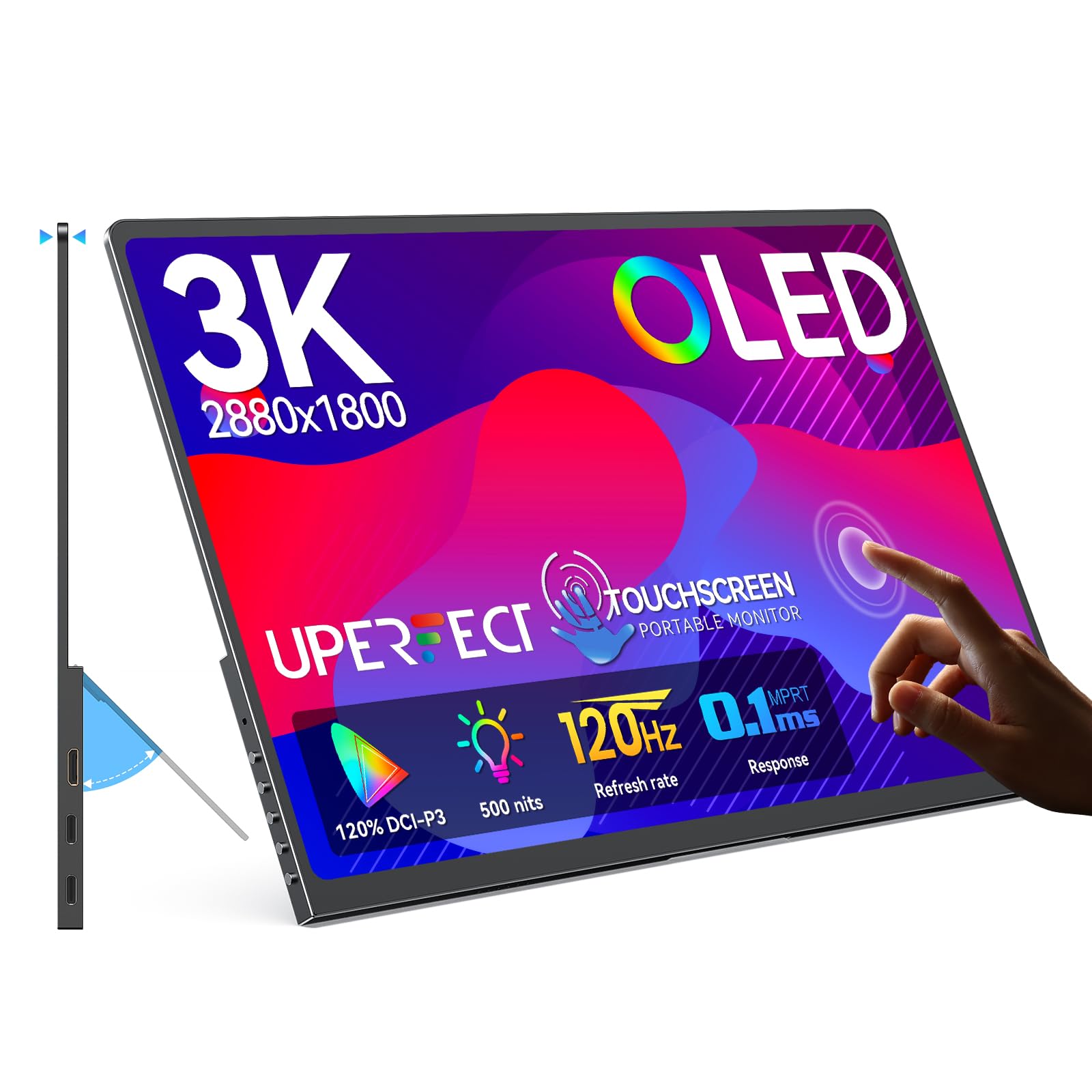 UPERFECT OLED Táctil Monitor Portátil 14", 3K 2880x1800 | 120Hz | 0.1ms | 500 Nits | 120% DCI-P3 | 500000:1 | Diseño Ultrafino para PC, Laptop, Mini PC & Consolas de Juegos, Compatible con VESA
