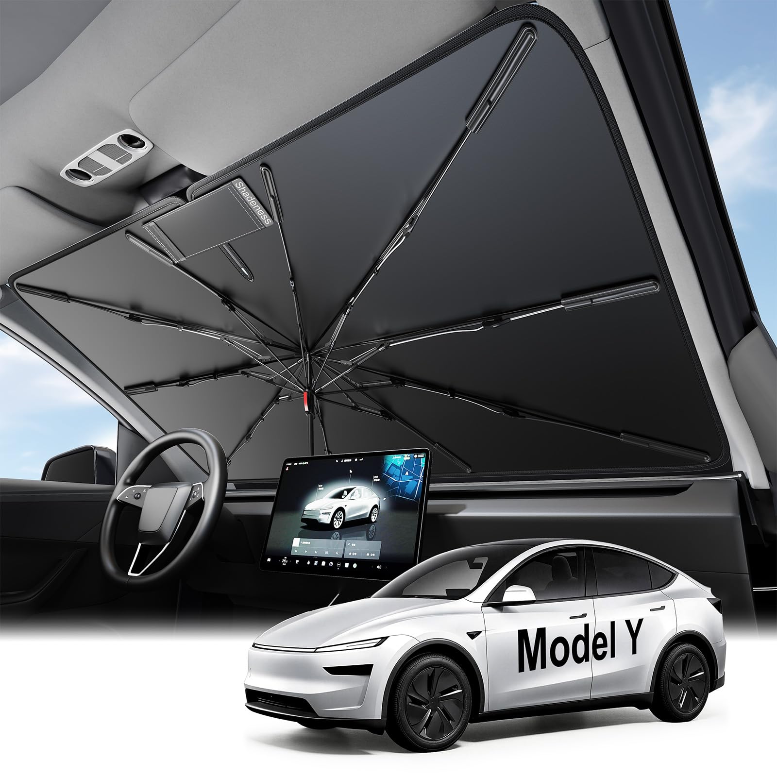 Adefor 2026 Upgraded Windshield Sun Shade Umbrella for Tesla Model Y [Precision Custom Fit, Superior UV & Heat Block] Cooling Tech Fabric, Durable Foldable with Storage Bag, Fits 2020-2026 Juniper