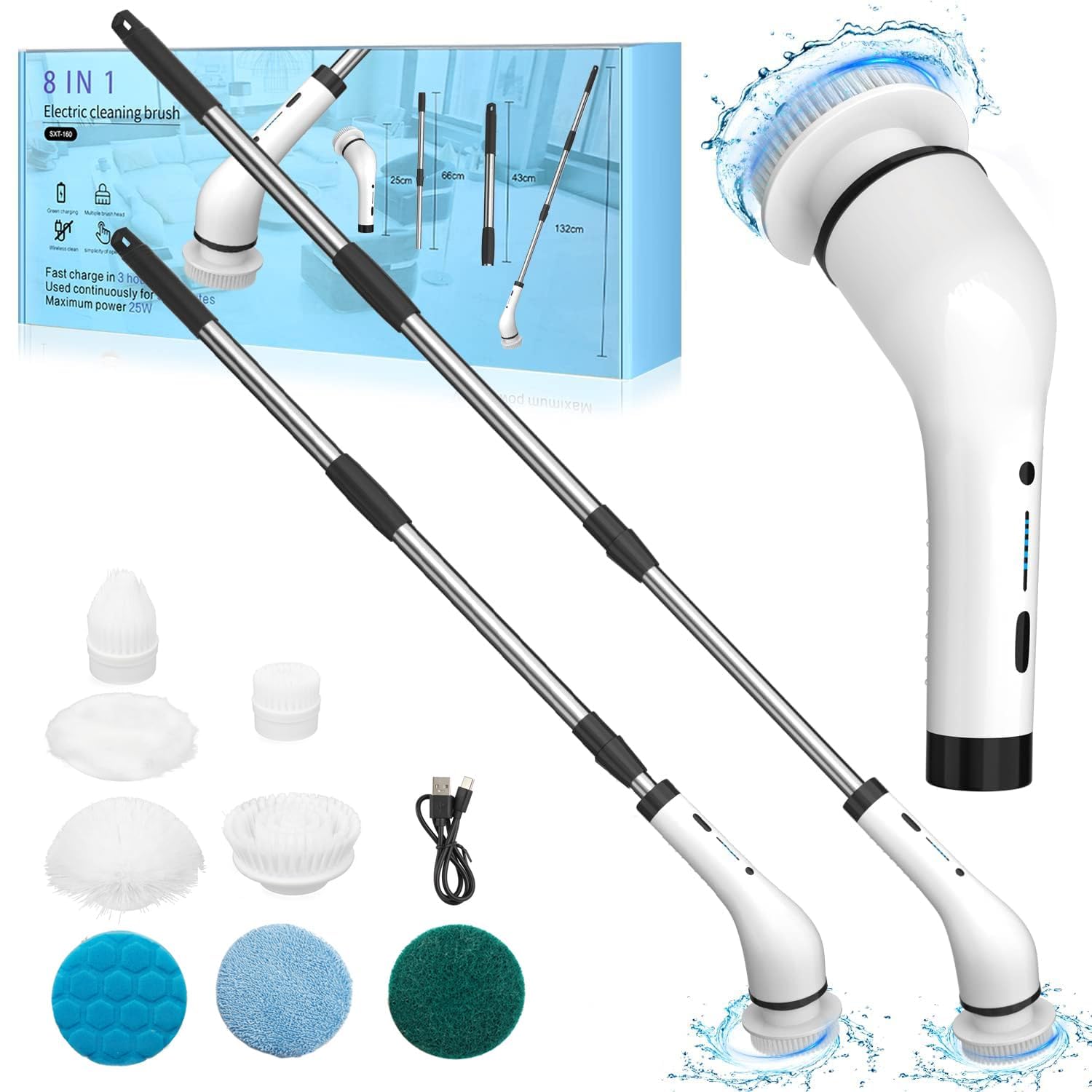 HECHOBO Electric Spin Scrubber, Cordless Cleaning Brush with Adjustable Extension Arm 8 Replaceable Cleaning Heads, Power Cleaning for Cleaning Tub, Tile, Floor, Bathtub, Window B4A1