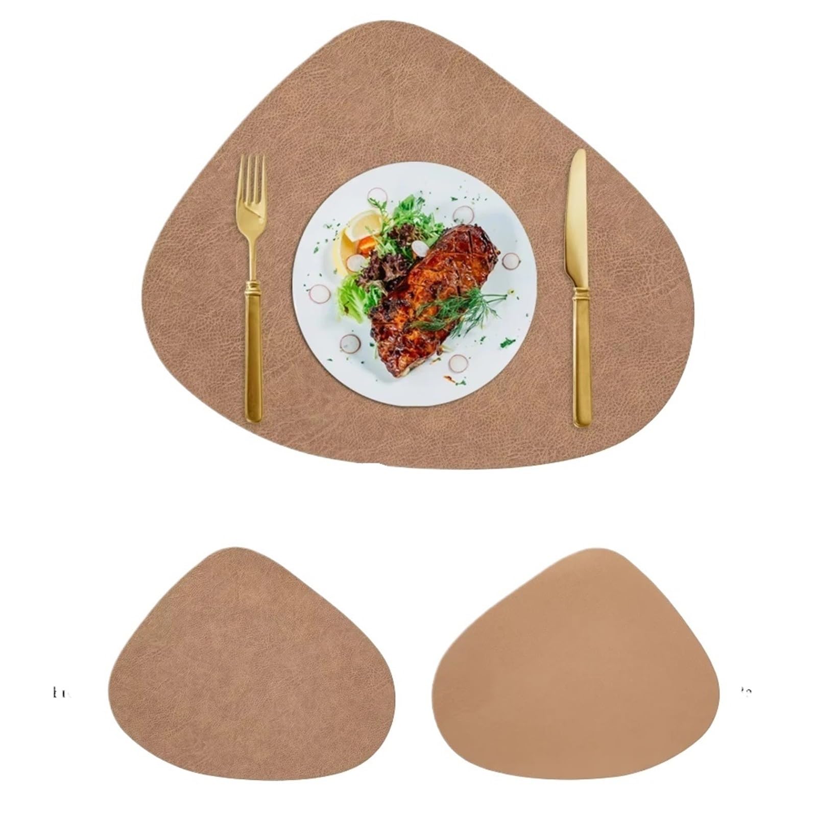 Placemats Leather Placemat,Teardrop Shape Cowhide Texture Double-Sided Non-Slip Nordic Style Place Mat Waterproof Resistant(Khaki)